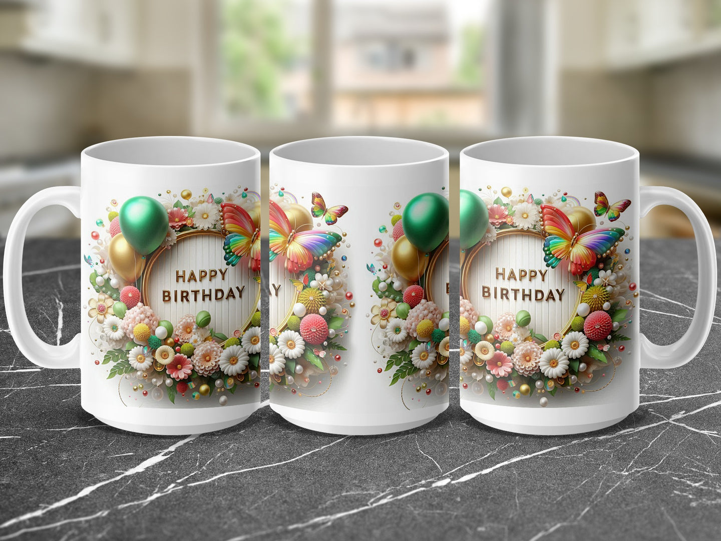 Birthday mug with floral wreath, balloons, and butterflies.