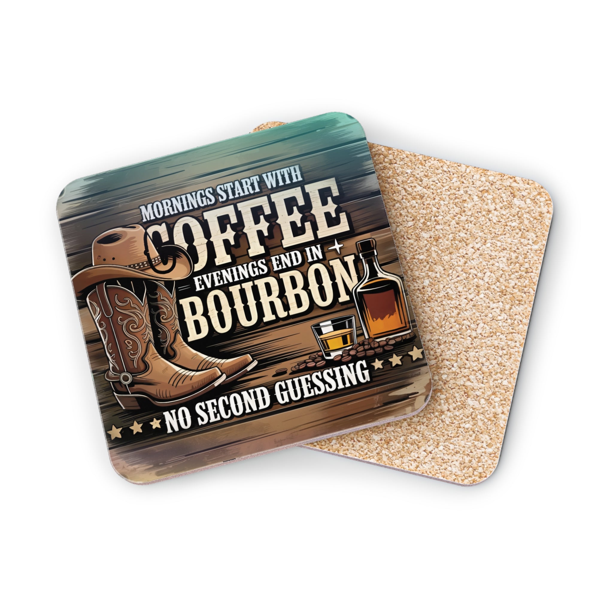 Square coaster with cowboy boots, coffee, and bourbon, text "Mornings Start With Coffee, Evenings End In Bourbon".