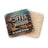 Square coaster with cowboy boots, coffee, and bourbon, text "Mornings Start With Coffee, Evenings End In Bourbon".