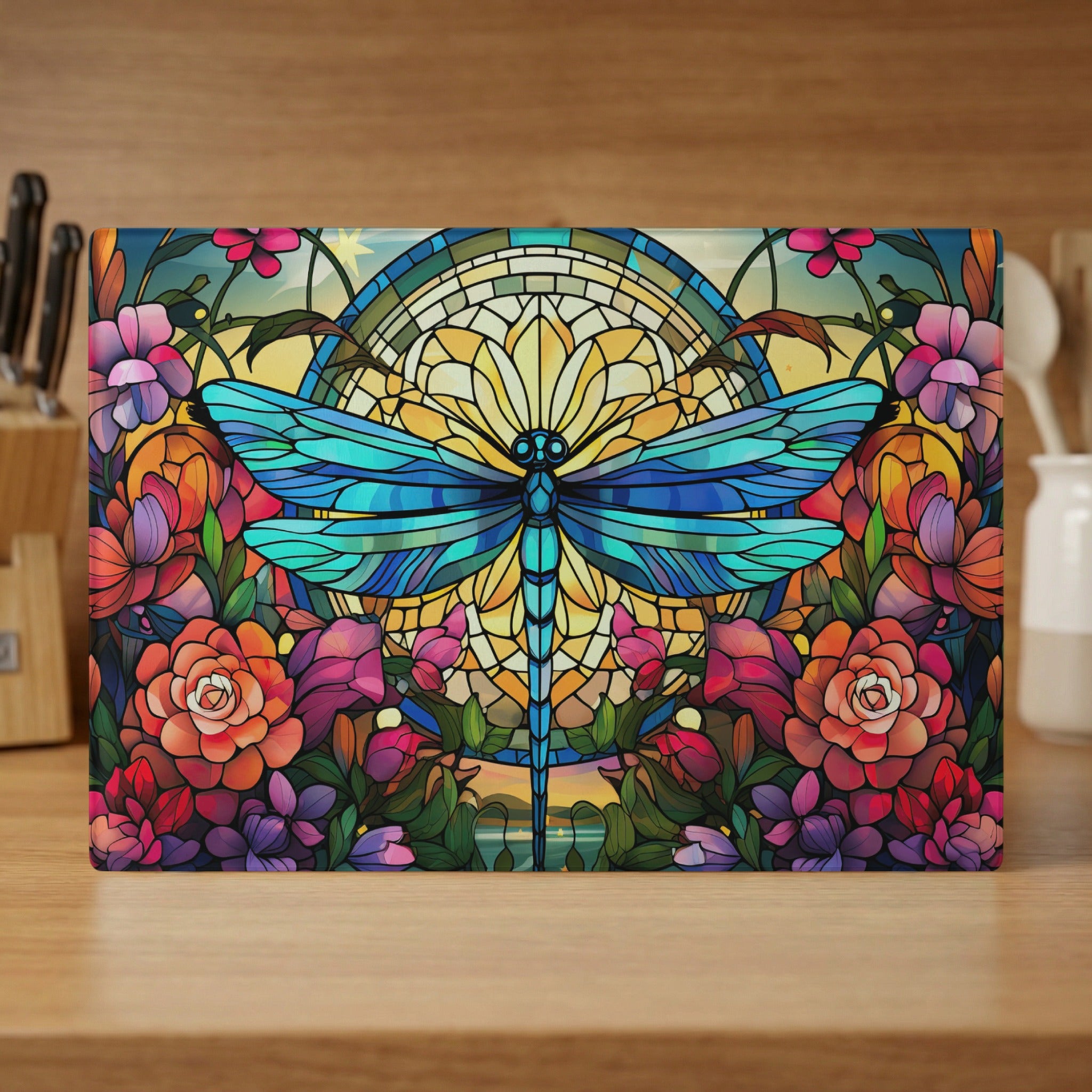 Stained glass style dragonfly art with floral border.