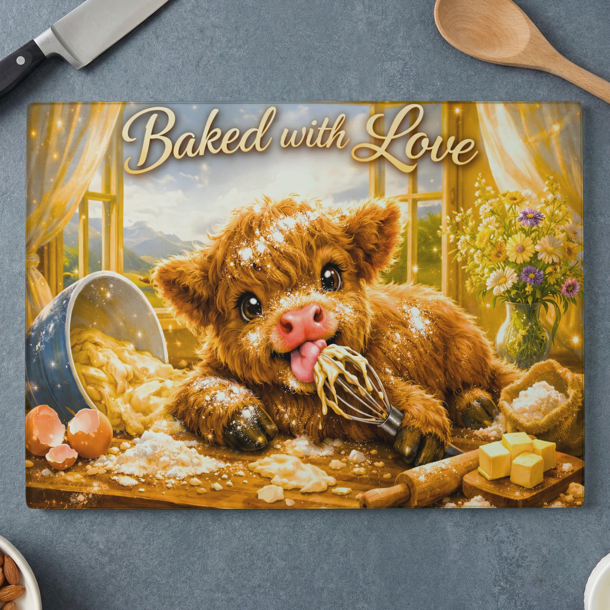 Fluffy highland cow with whisk in mouth, surrounded by baking ingredients.