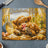Fluffy highland cow with whisk in mouth, surrounded by baking ingredients.