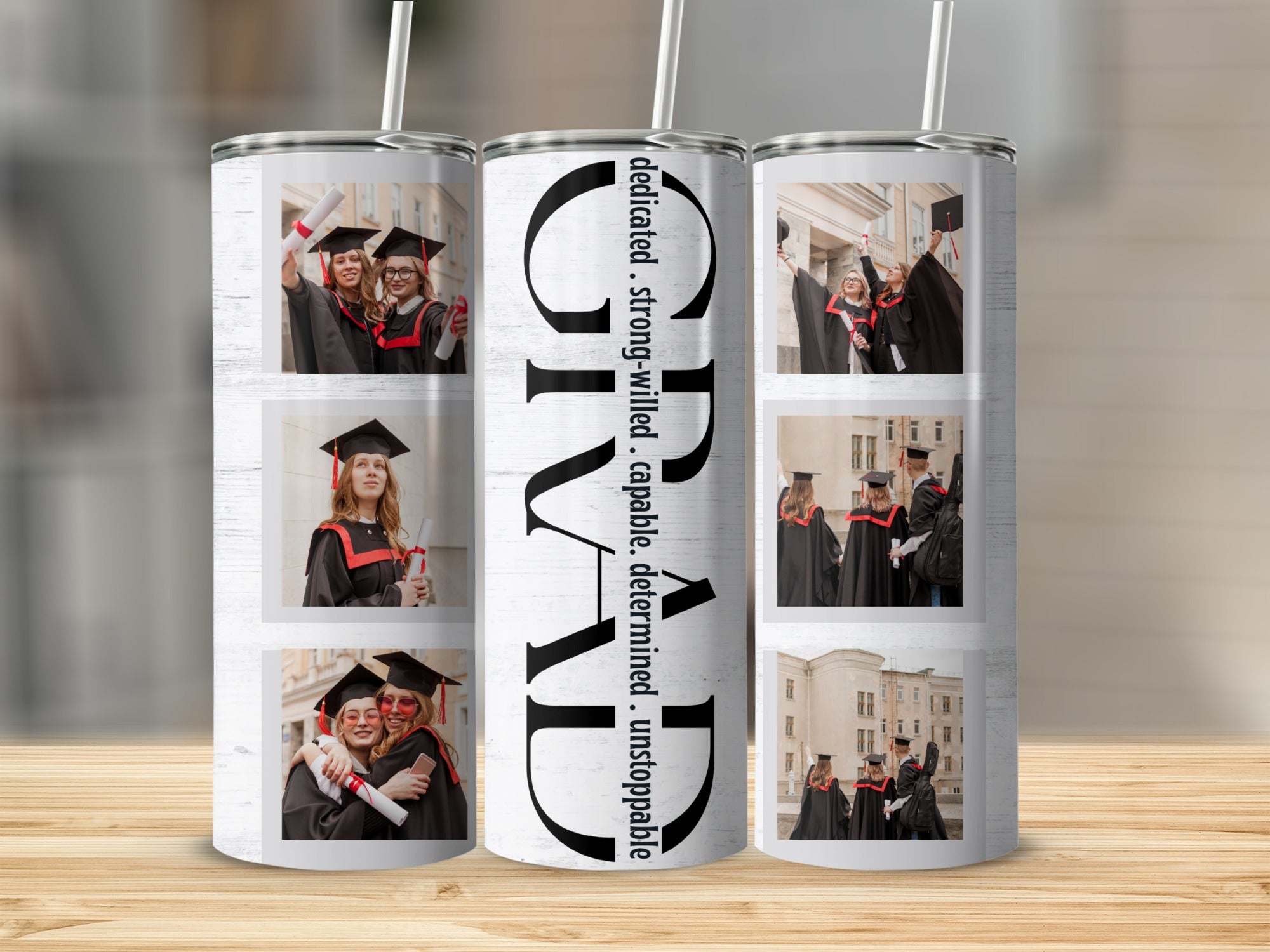Graduation tumbler with photos and the word "GRAD" in large letters.