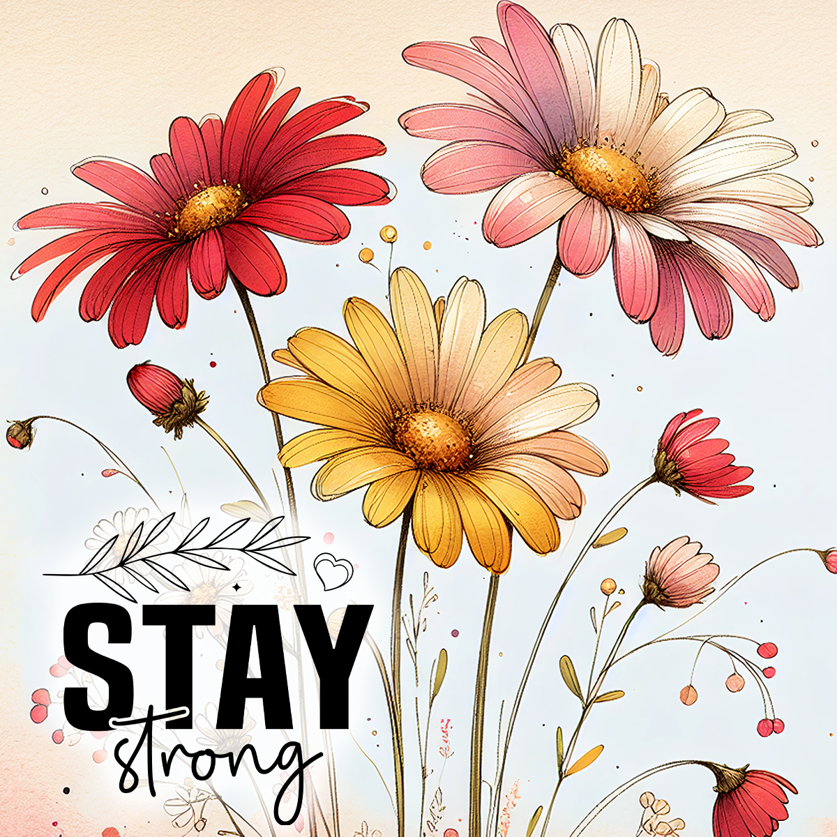 Floral illustration with text "STAY strong" and colorful daisies.