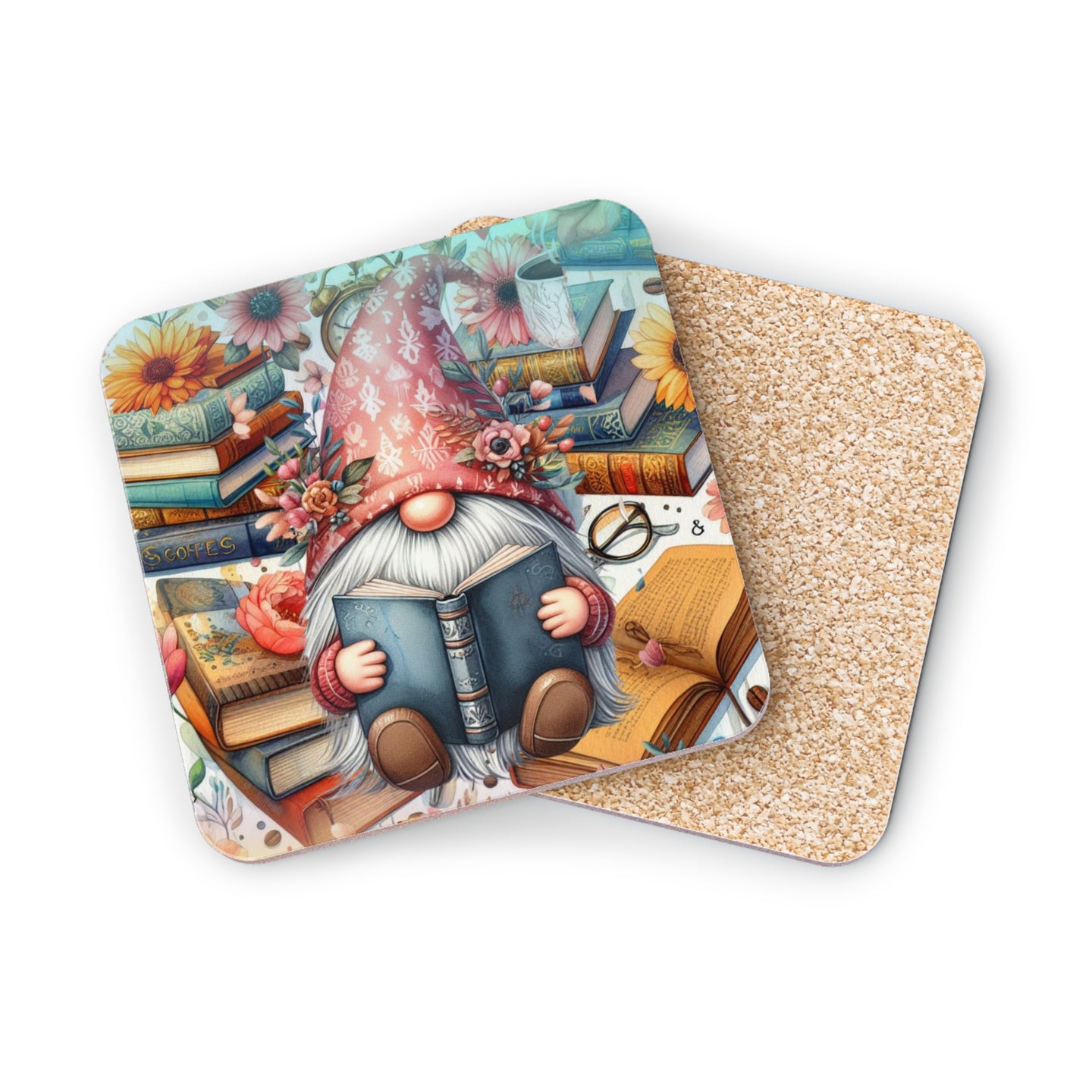 Gnome reading a book surrounded by stacked books and flowers.