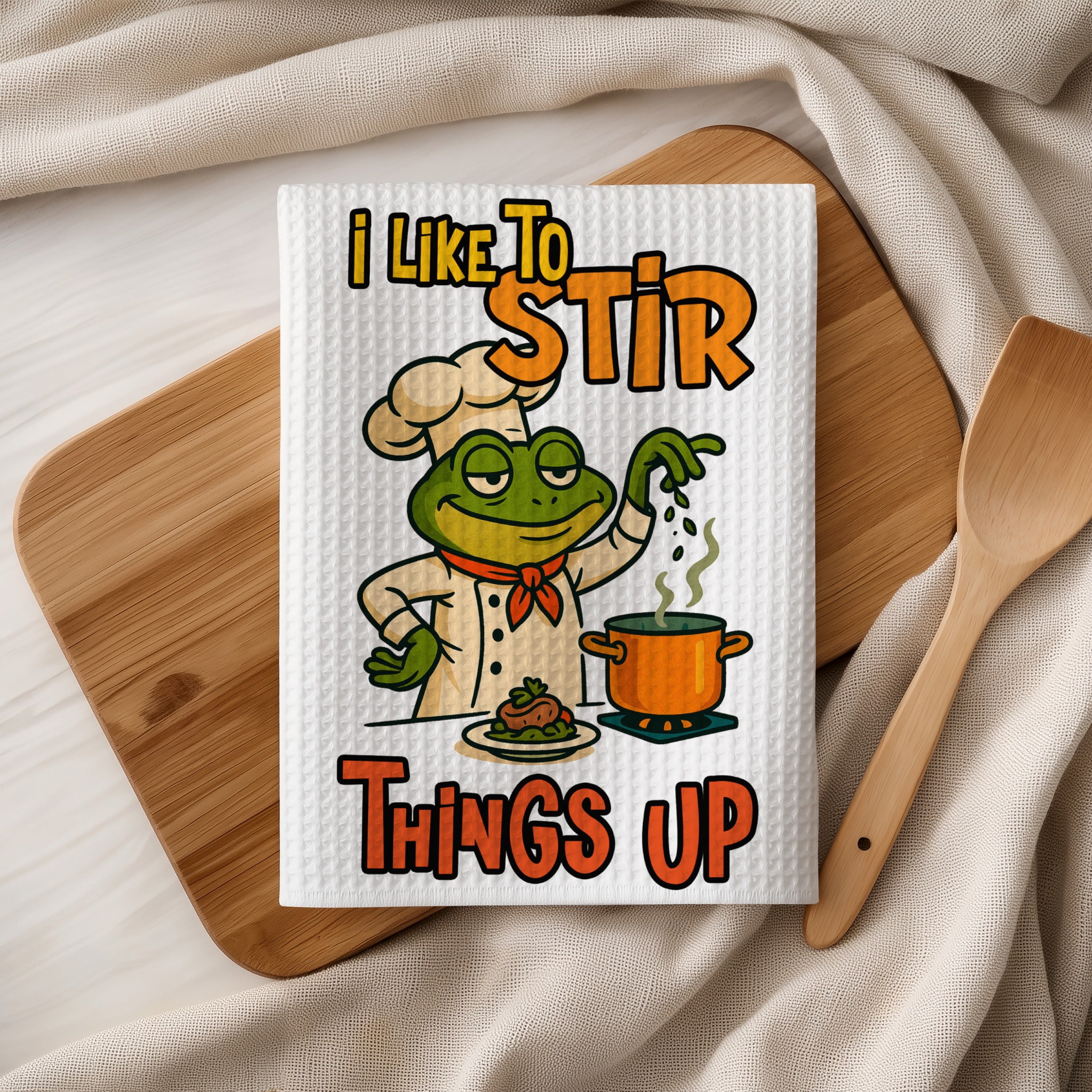 Frog chef with chef's hat stirs pot, "I like to stir things up."
