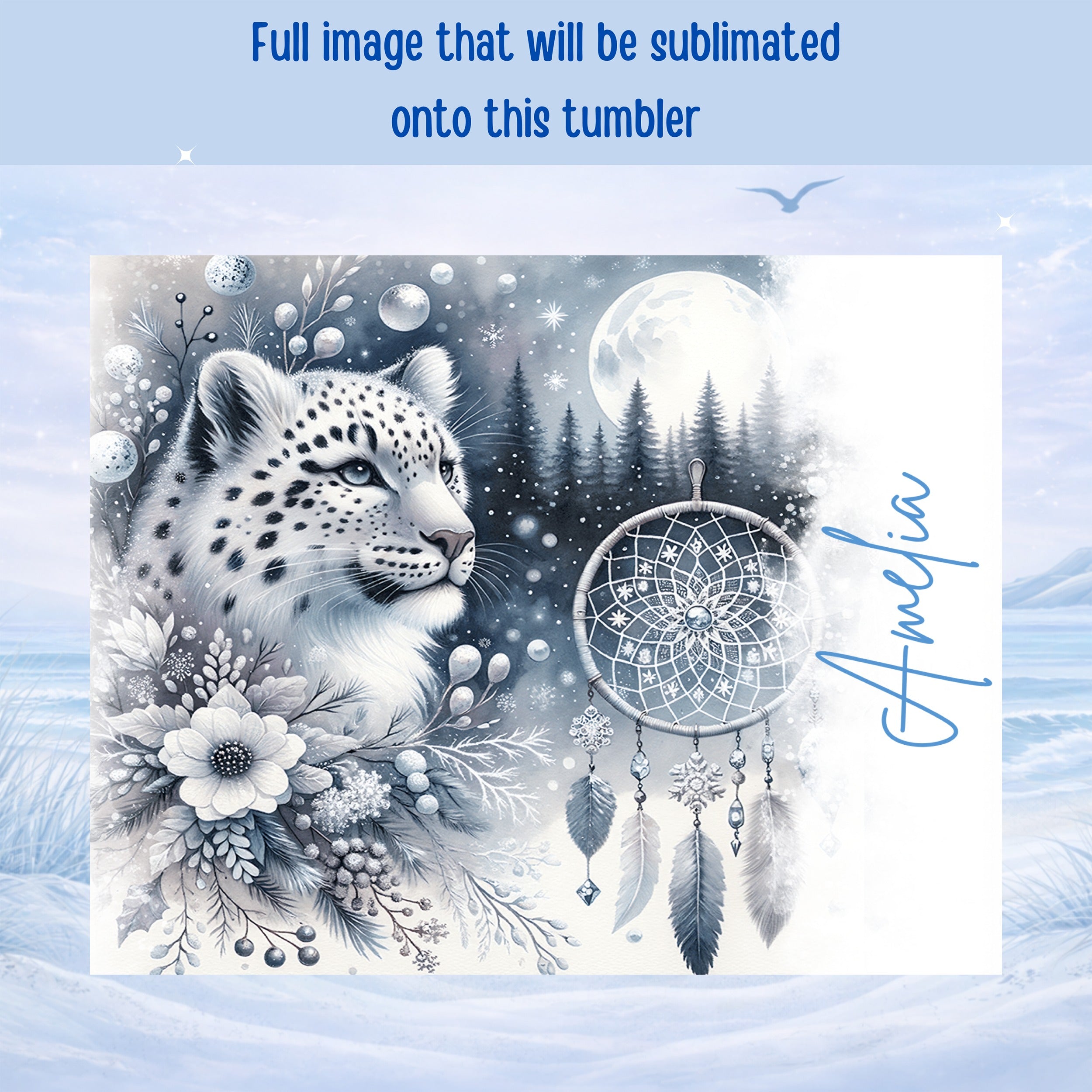Snow leopard, snowflakes, dreamcatcher, and "Amelia" text on a winter background.