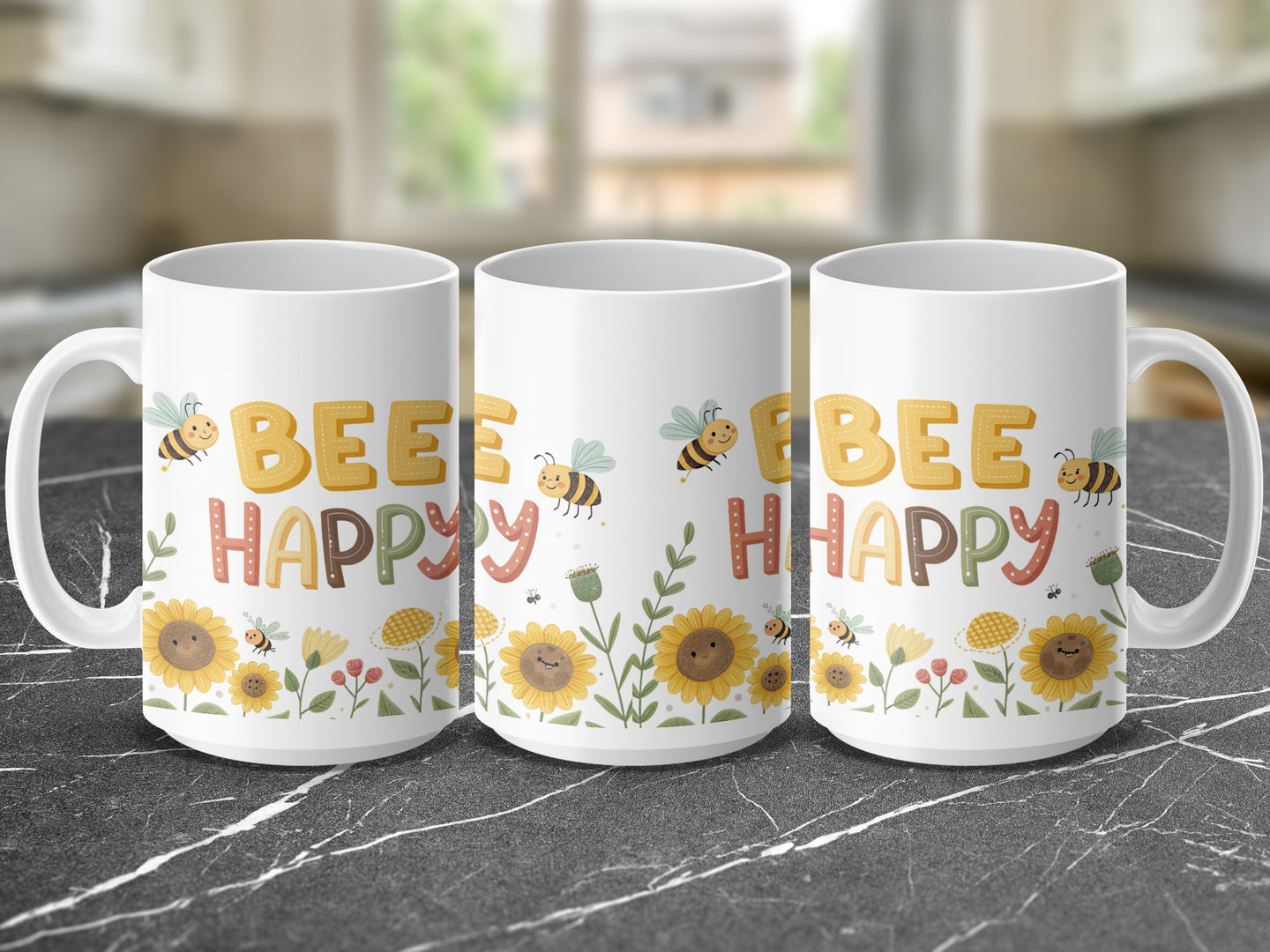 White mug with "BEE HAPPY" text, bees, and sunflowers.
