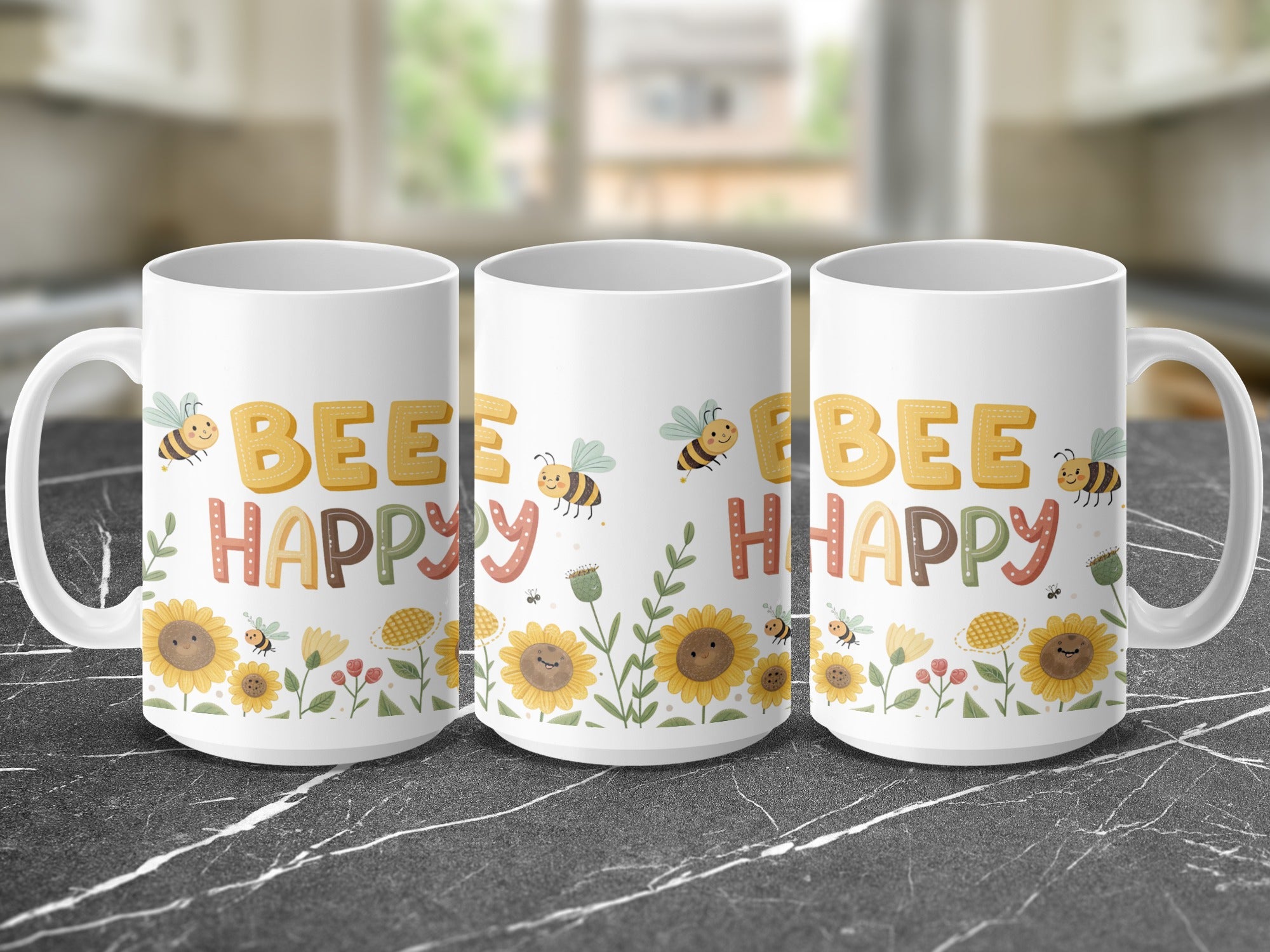 White mug with "BEE HAPPY" text, bees, and sunflowers.