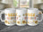 White mug with "BEE HAPPY" text, bees, and sunflowers.