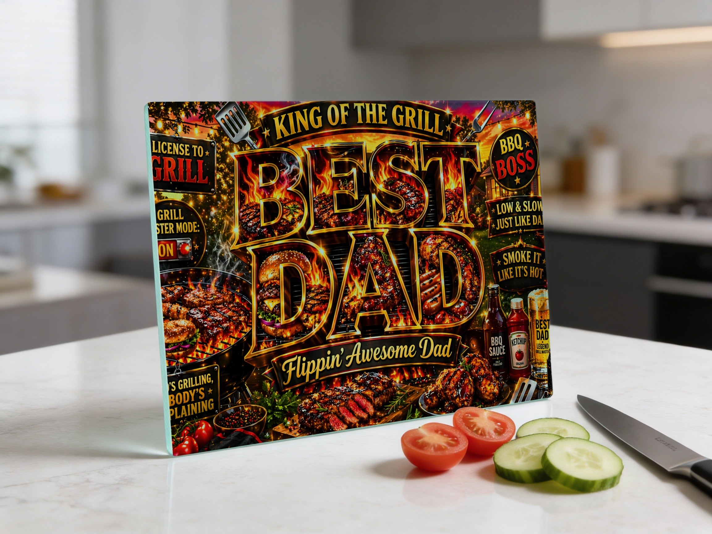 Best Dad grill-themed novelty plaque with BBQ ingredients and text.