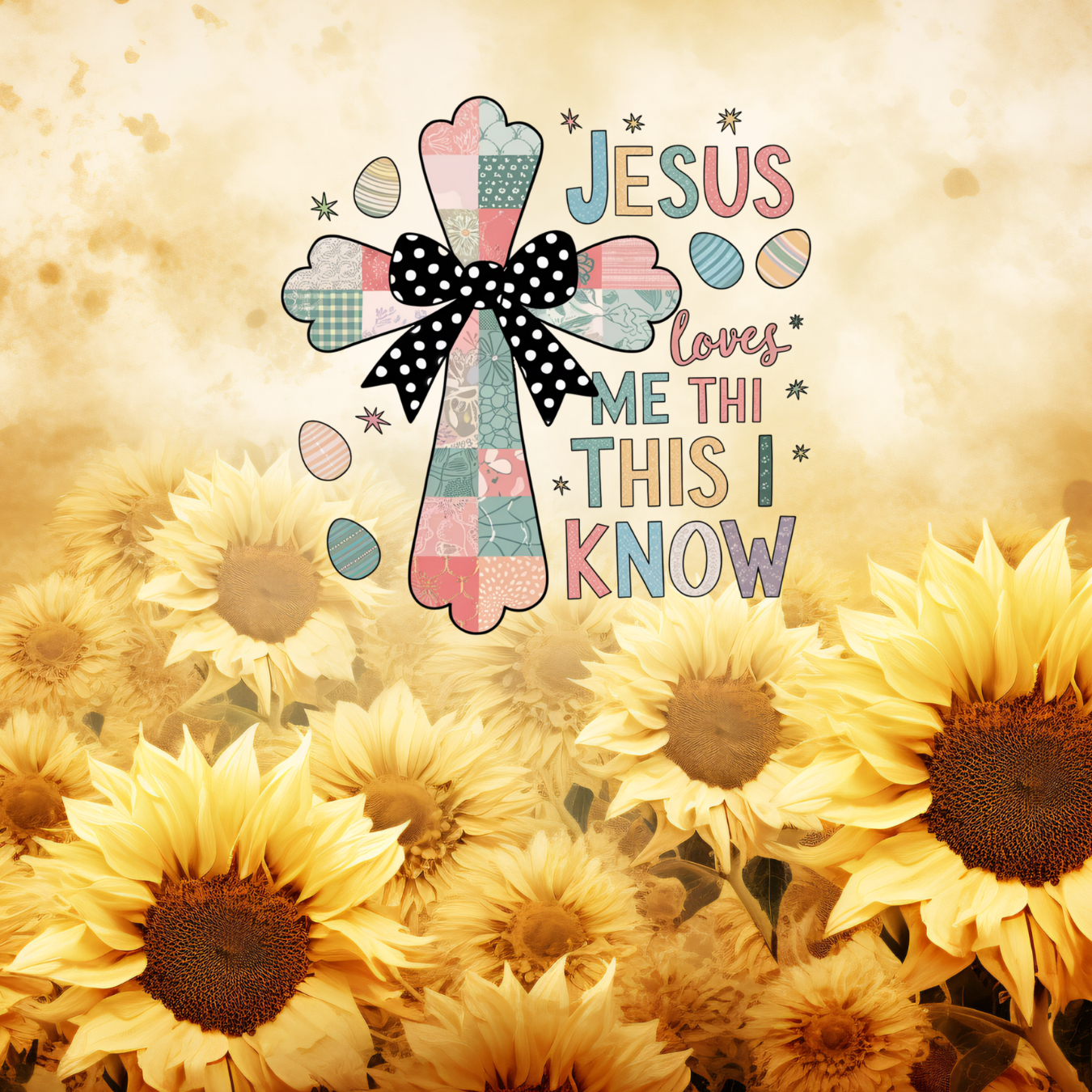 Patchwork cross with "Jesus loves me this I know" and Easter eggs above sunflowers.