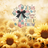 Patchwork cross with "Jesus loves me this I know" and Easter eggs above sunflowers.