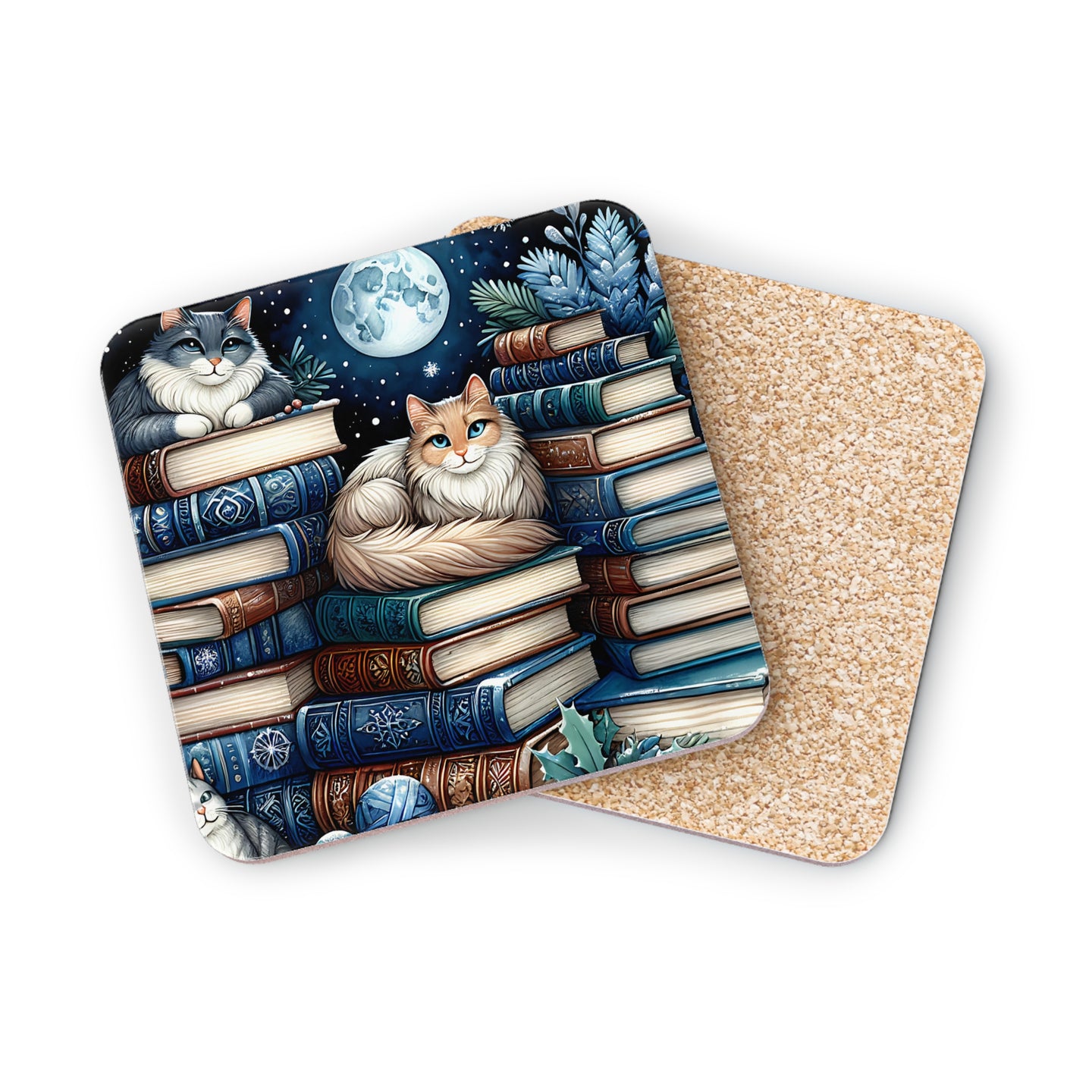 Two decorative coasters with cats on stacked books under a moonlit sky.