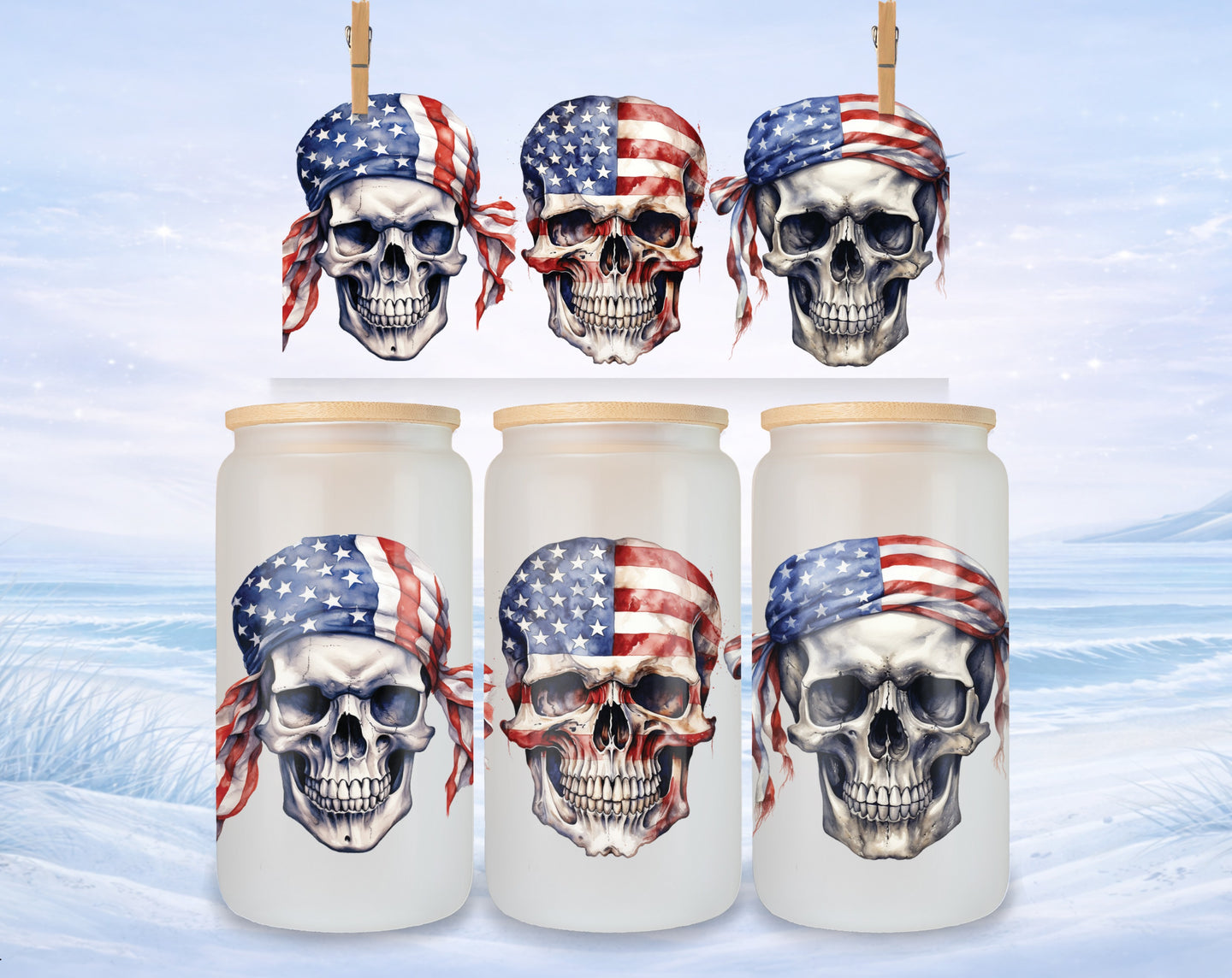 Three skulls wearing American flag bandanas displayed on a light blue background.