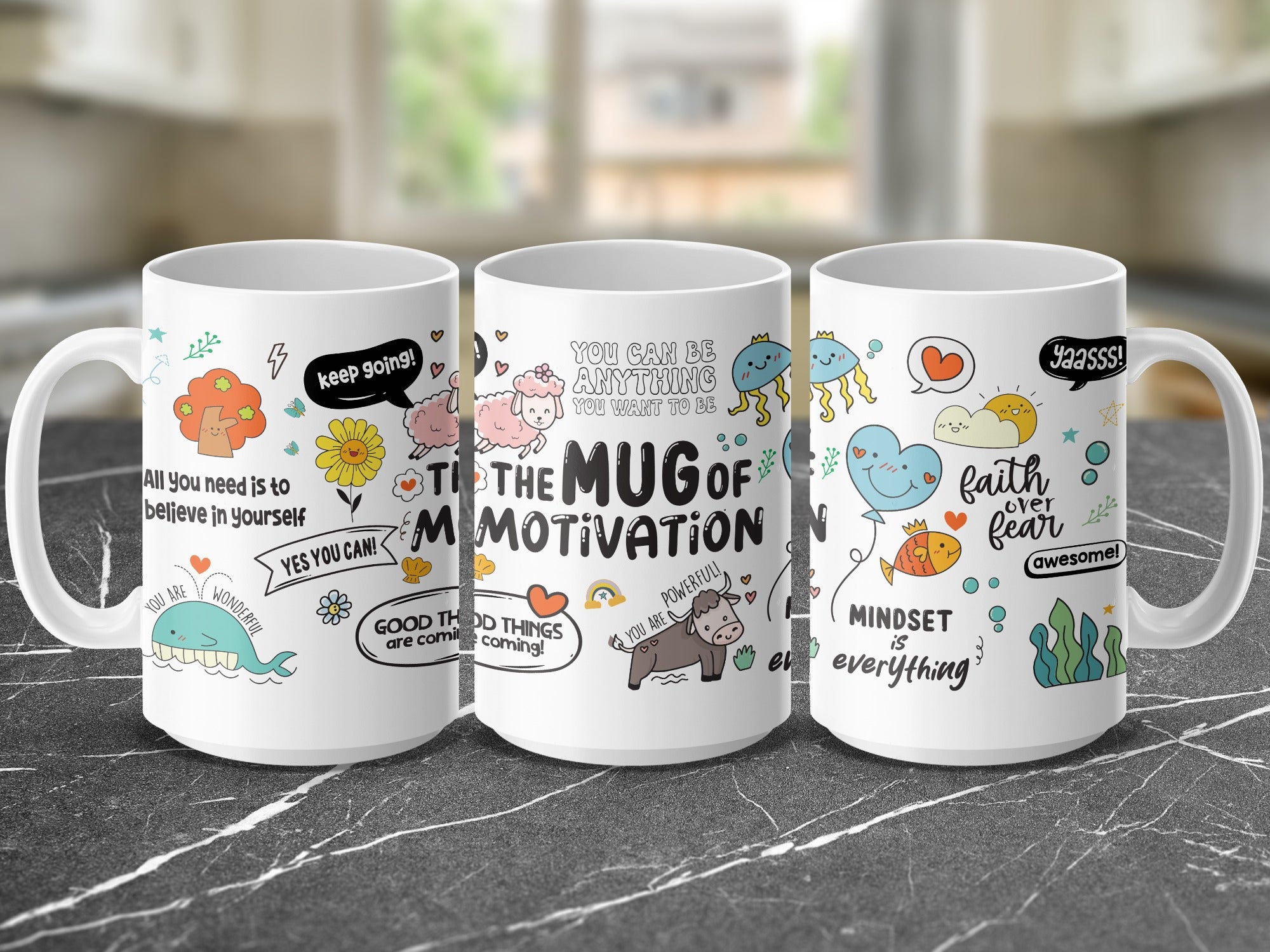 Three mugs with motivational quotes and illustrations: "Keep Going!", "You Can Be Anything", and "Faith Over Fear".