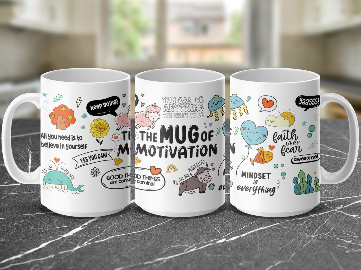 Three mugs with motivational quotes and illustrations: "Keep Going!", "You Can Be Anything", and "Faith Over Fear".