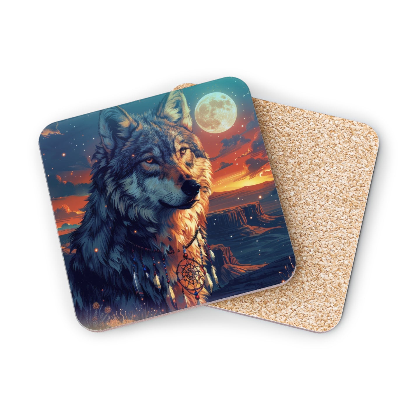 Wolf and dreamcatcher illustration on a square coaster, with a full moon and desert landscape.
