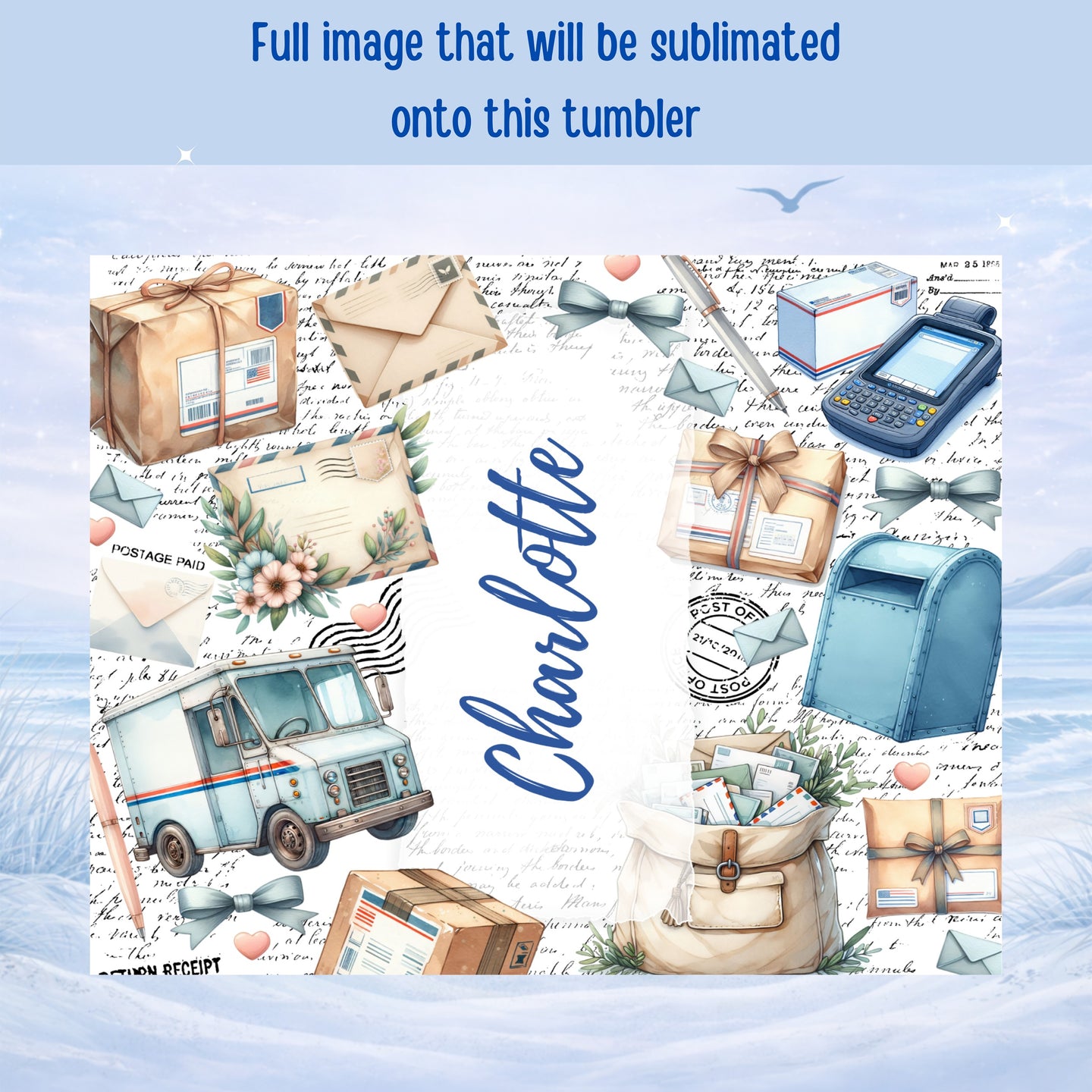 Vintage mail and postal service elements with "Charlotte" script.