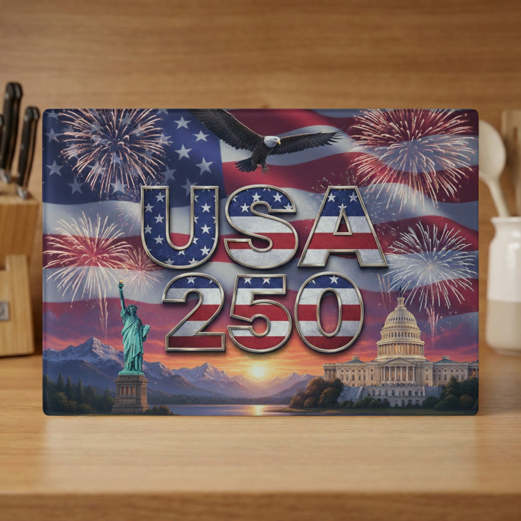 USA 250 text over Capitol Building, eagle, fireworks, and Statue of Liberty.