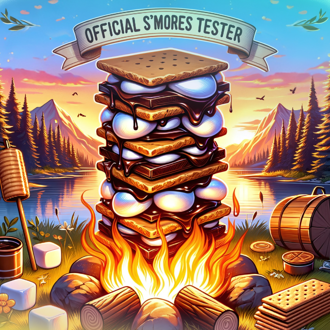 Giant stack of s'mores with campfire and mountain lake background.