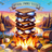 Giant stack of s'mores with campfire and mountain lake background.