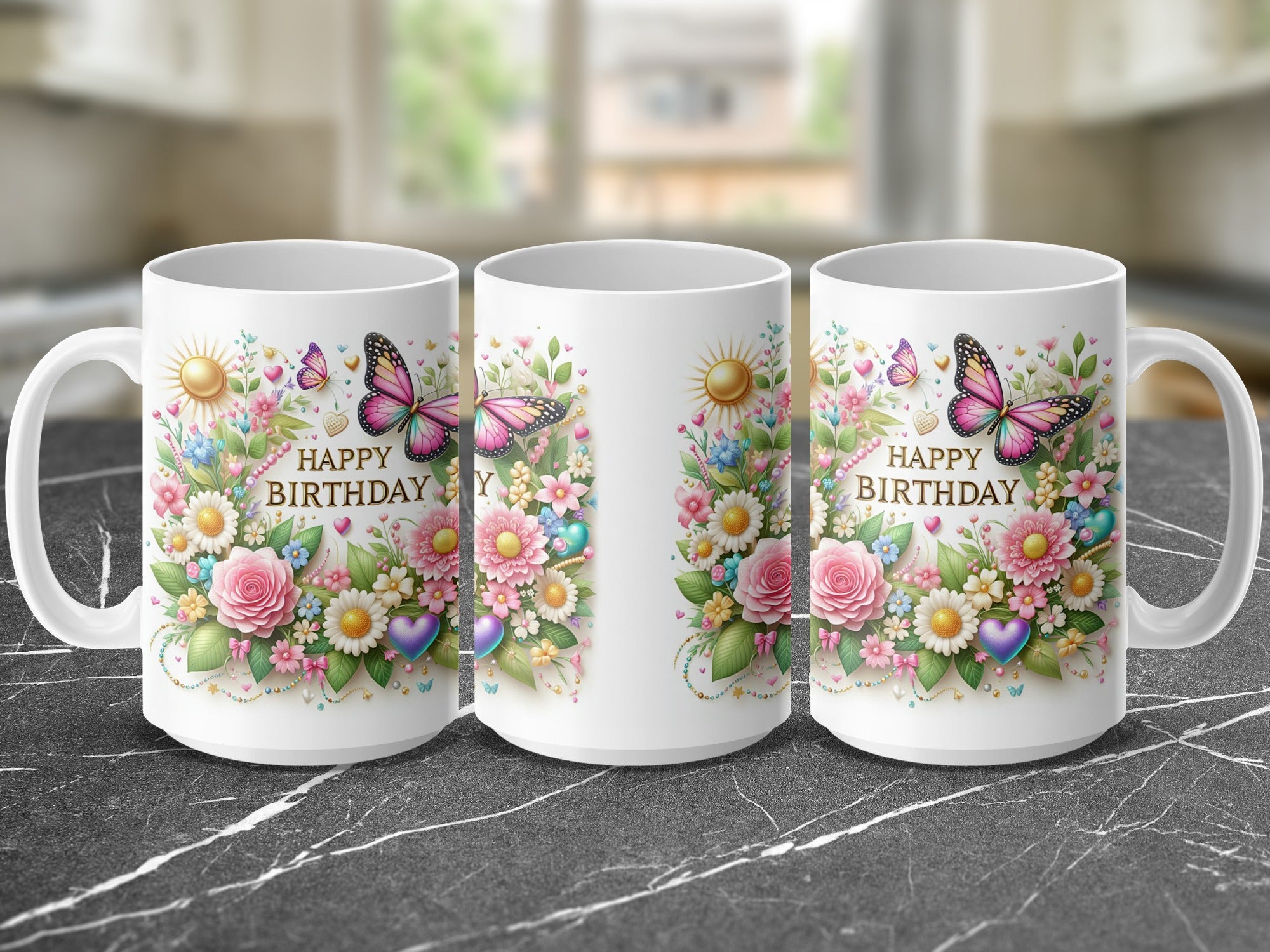 Three white mugs with "Happy Birthday" and floral butterfly designs.