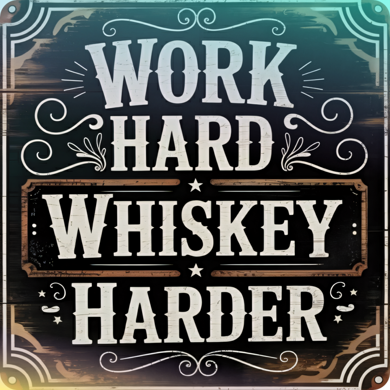 Wooden sign with text "Work Hard Whiskey Harder" in distressed white lettering.