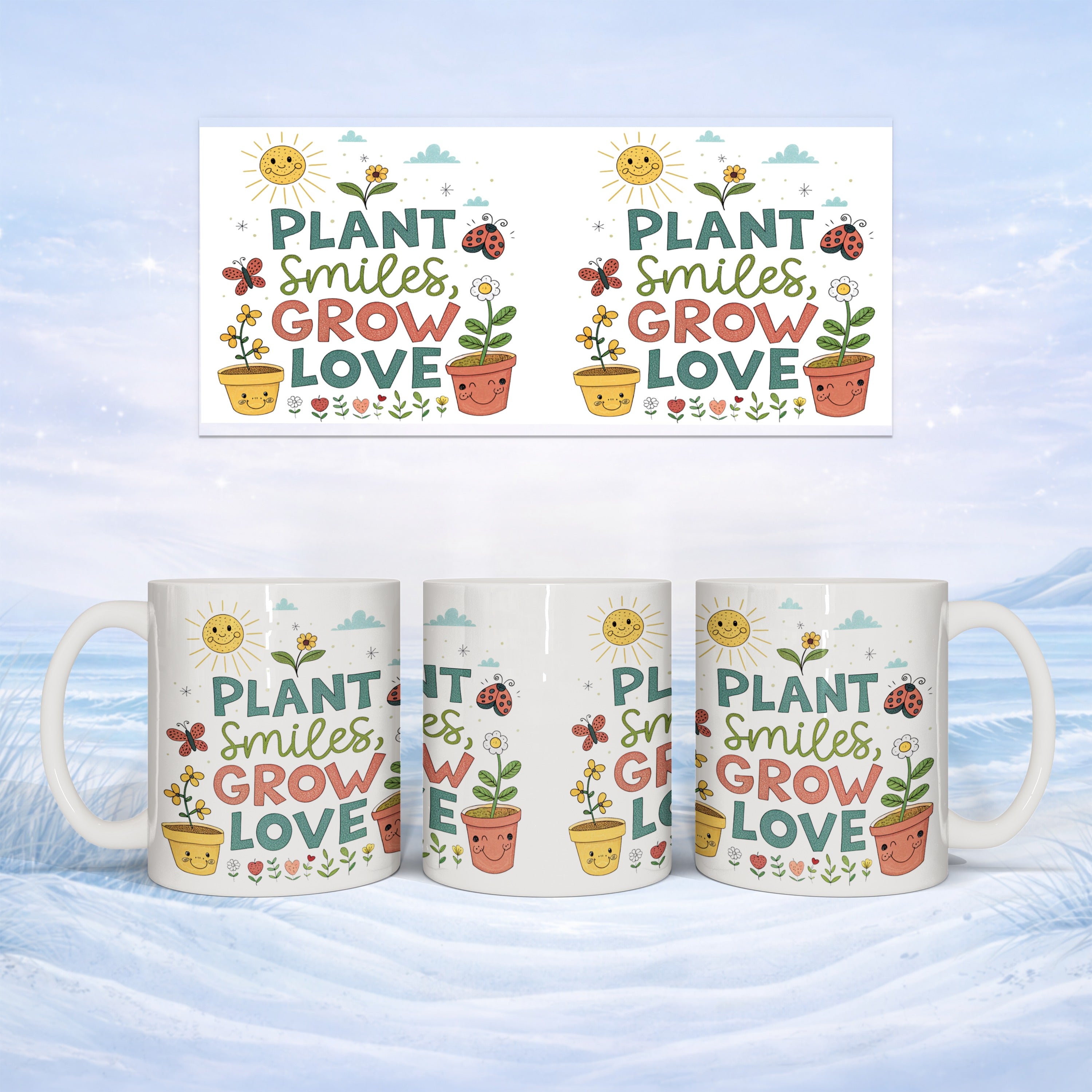 Three mugs with "PLANT Smiles, GROW LOVE" text and illustrations.