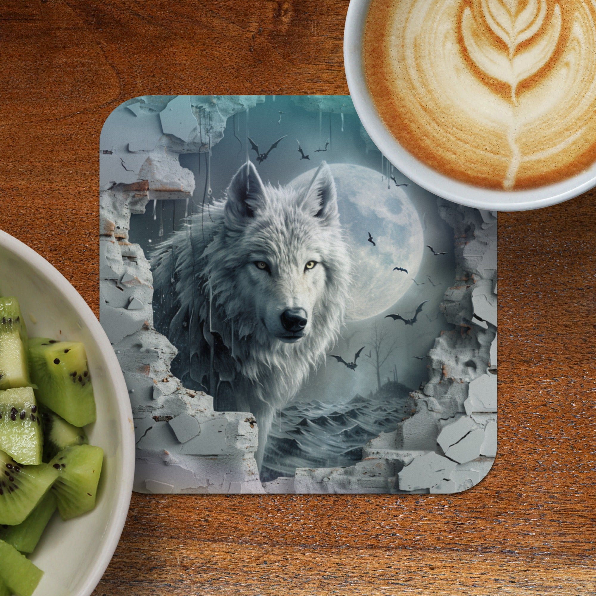 Wolf emerging from crumbling wall with moon and bats, near coffee and kiwi.