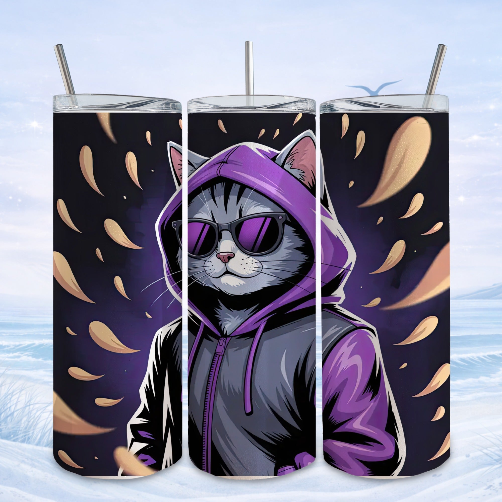 Cat wearing sunglasses and a purple hoodie against a dark, speckled background.