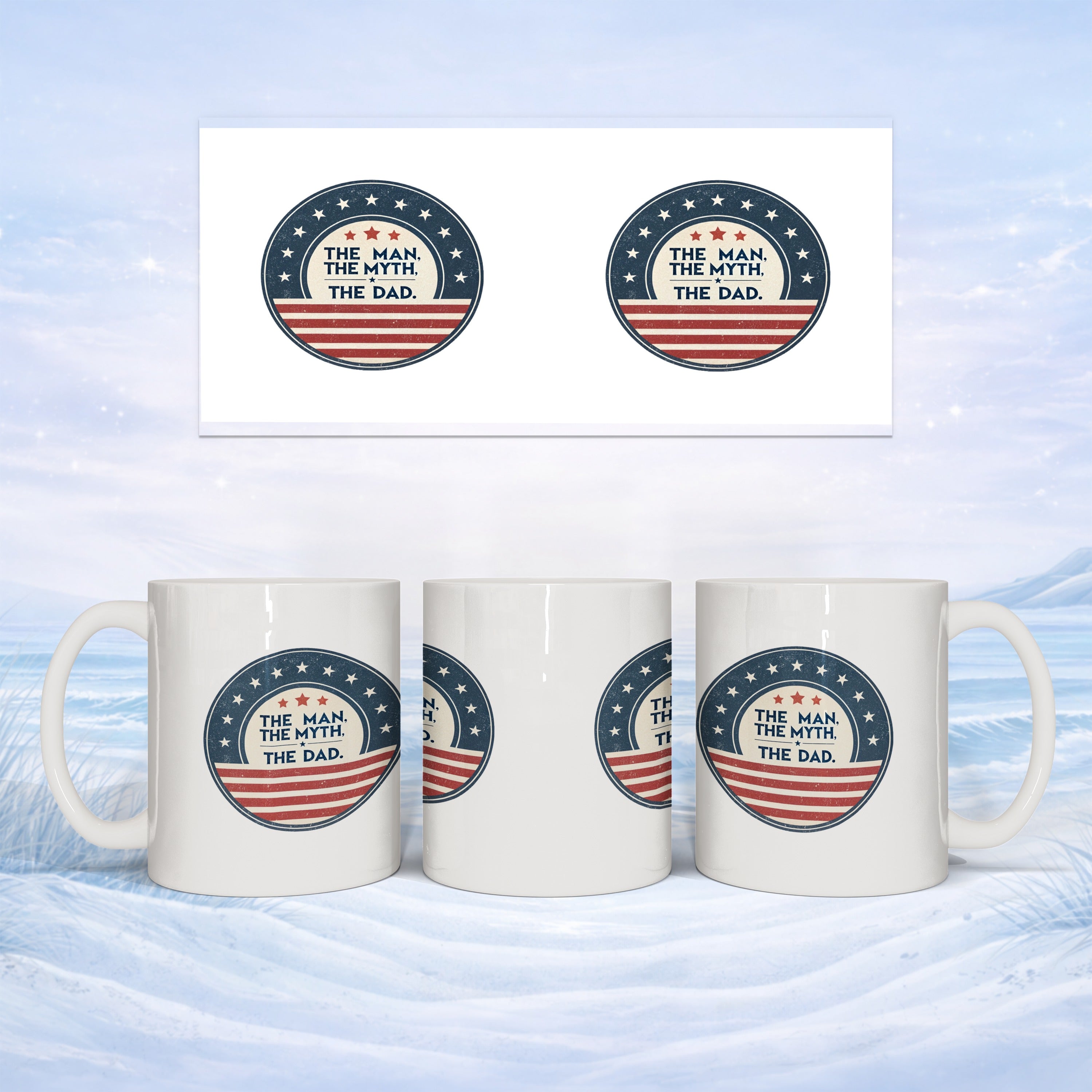 Mug with "The Man. The Myth. The Dad." patriotic star emblem.