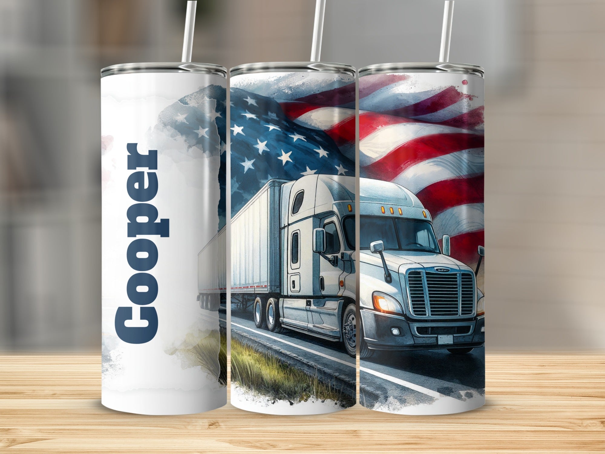 White semi-truck with American flag motif on tumbler with name Cooper.