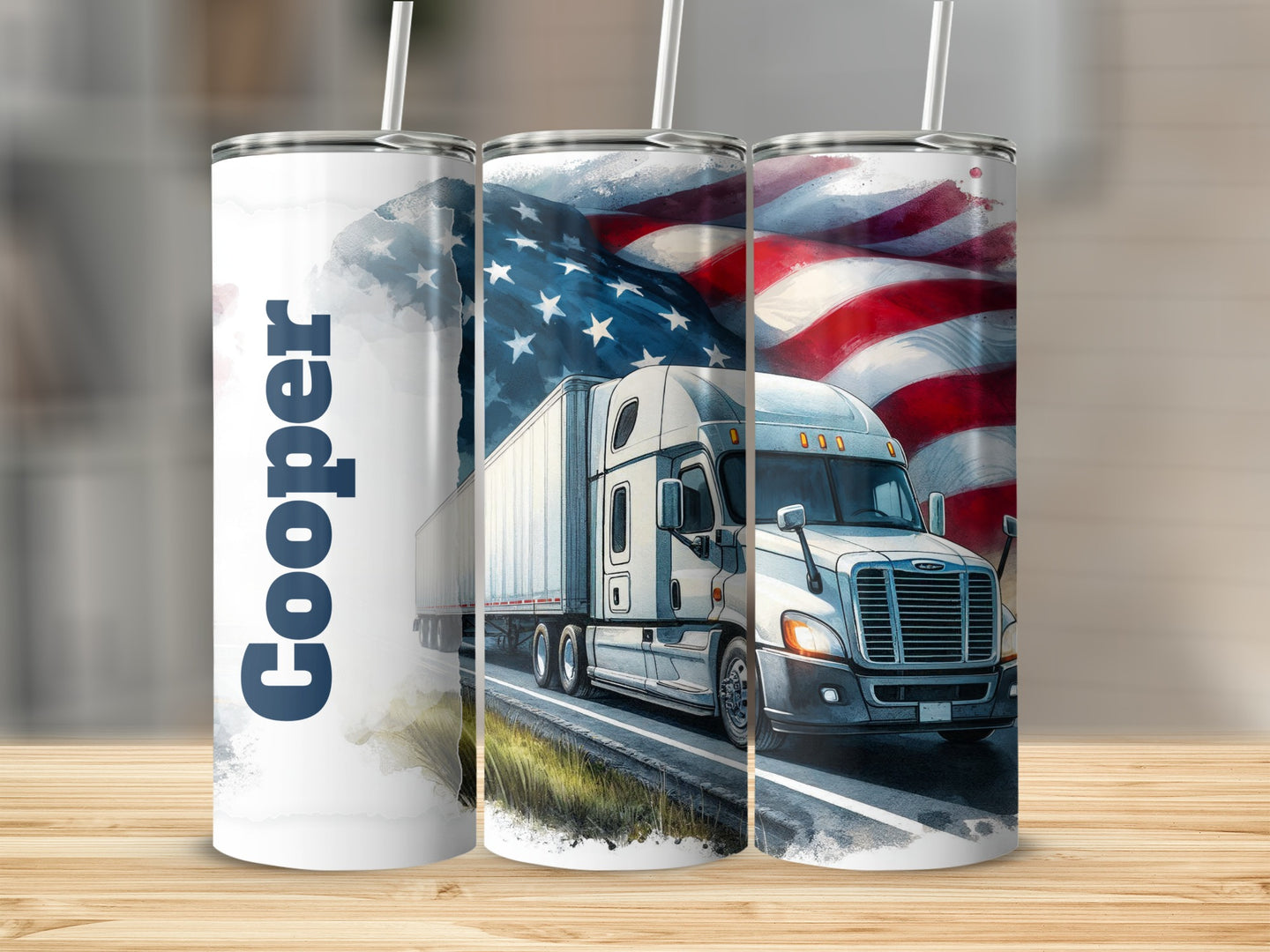 White semi-truck with American flag motif on tumbler with name Cooper.