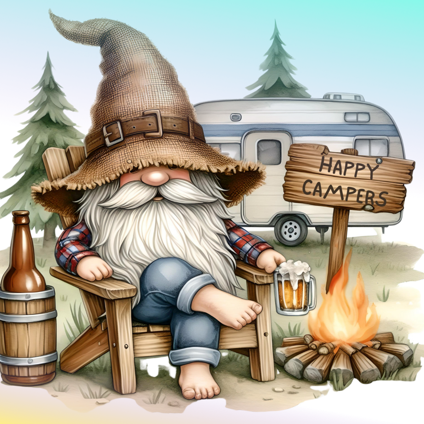 Gnome in a rocking chair by campfire with beer, wooden barrel, and camper.