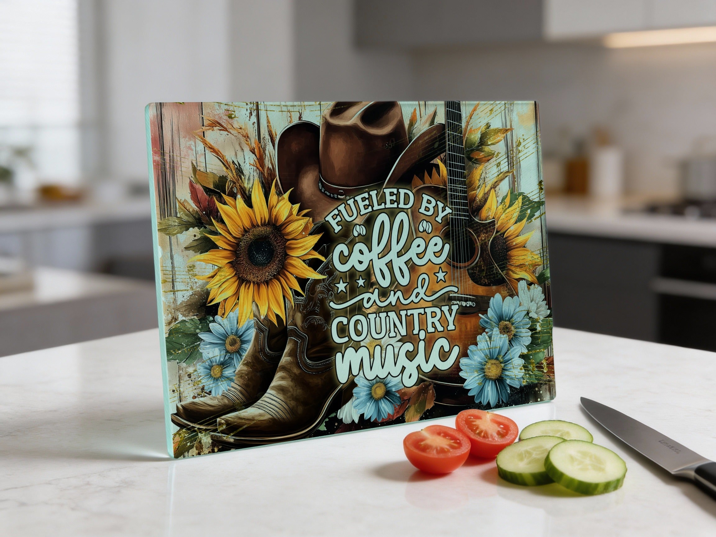 Cowboy boots, sunflowers, and guitar with "Fueled by coffee and country music" text.