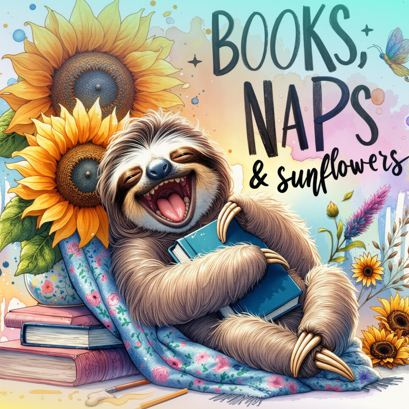 Happy sloth hugs a book with sunflowers and "Books, Naps & Sunflowers" text.