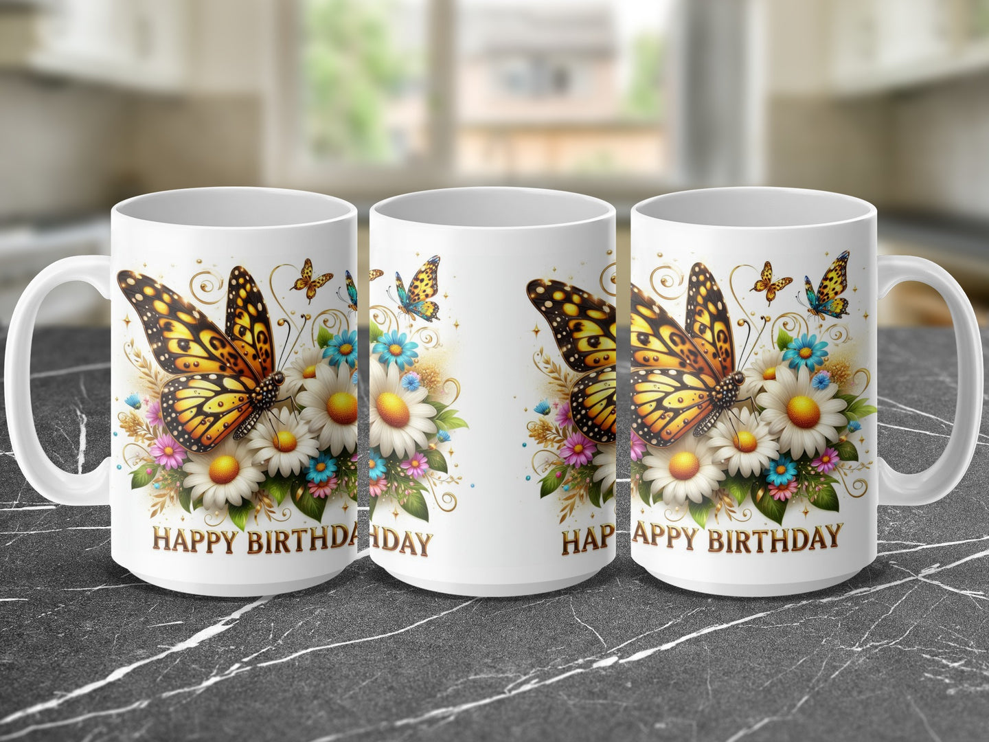 Three mugs with butterflies and "Happy Birthday" text.