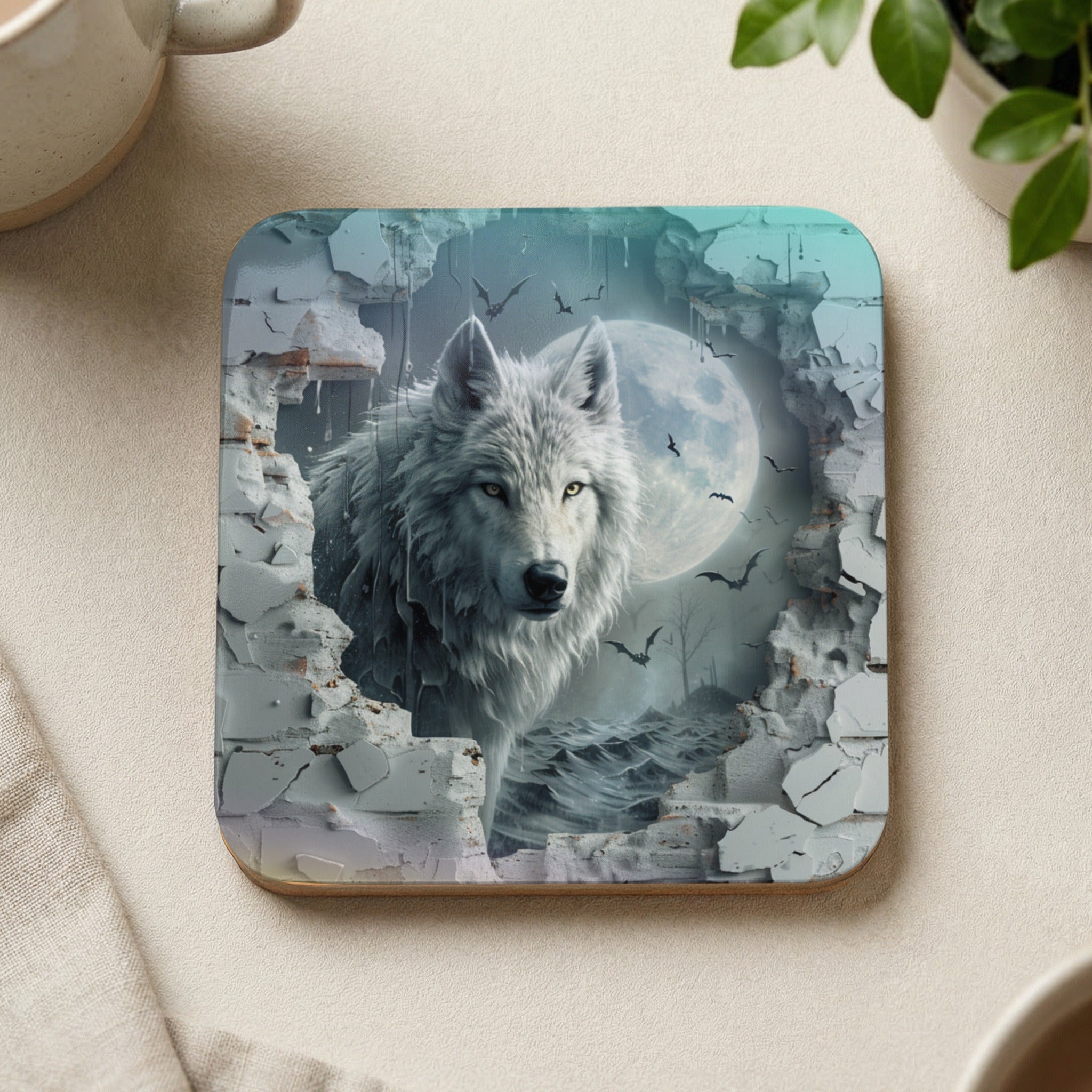 White wolf emerges from broken wall with moon and bats in background.