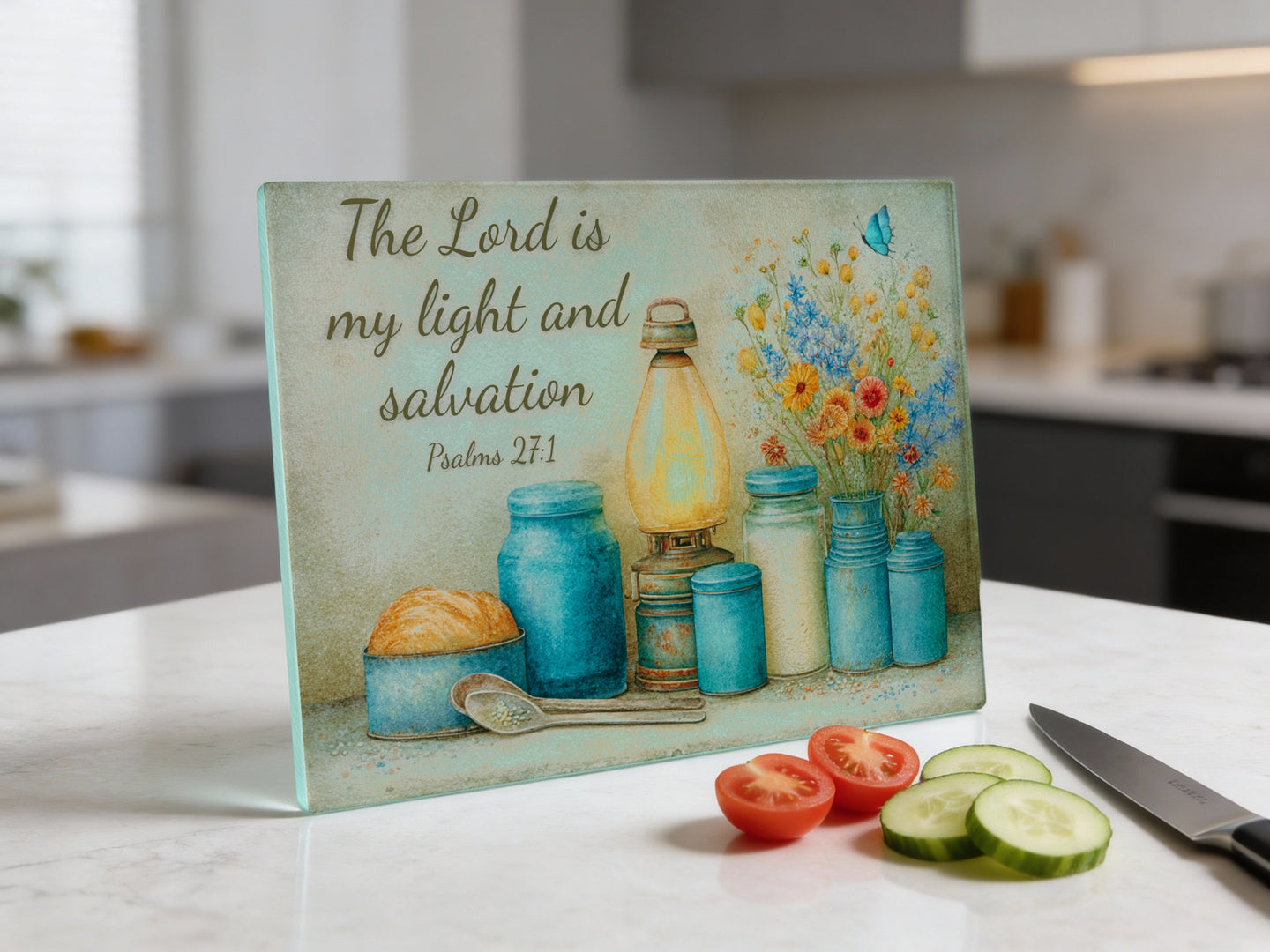 Glass cutting board with floral illustration and Bible verse "The Lord is my light and salvation".