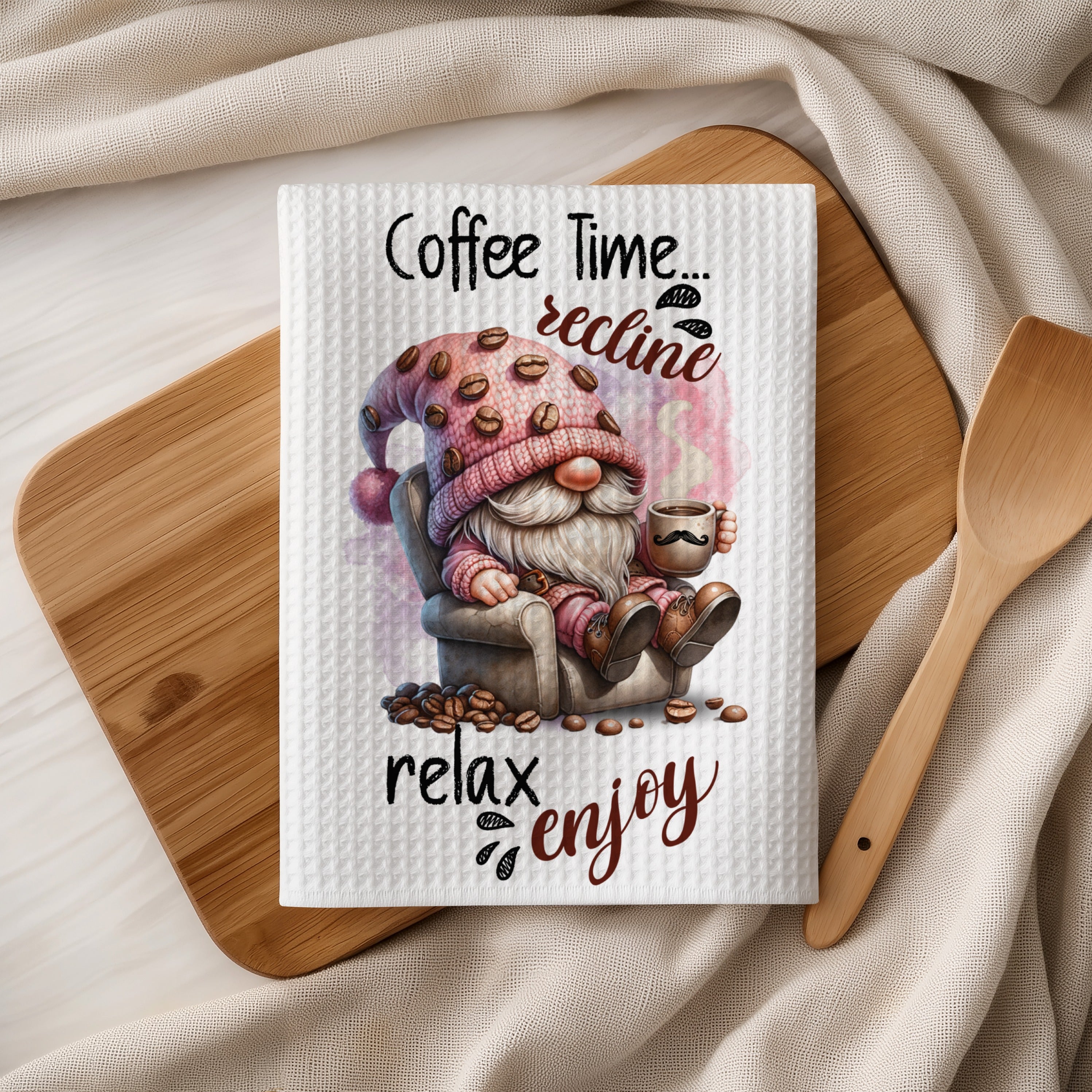Gnome holding coffee mug, wearing coffee bean hat, with text "Coffee Time...recline relax enjoy".
