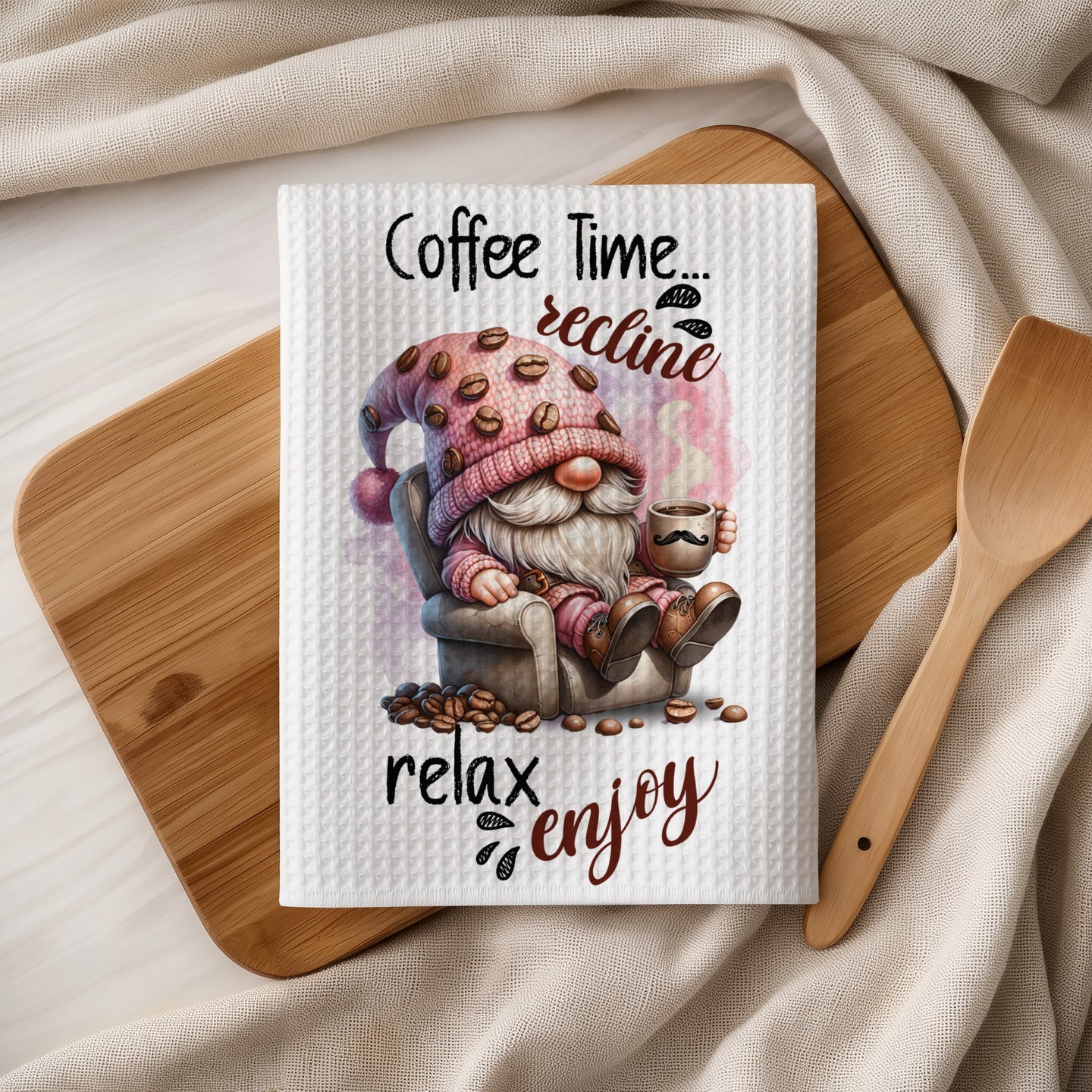 Gnome holding coffee mug, wearing coffee bean hat, with text "Coffee Time...recline relax enjoy".