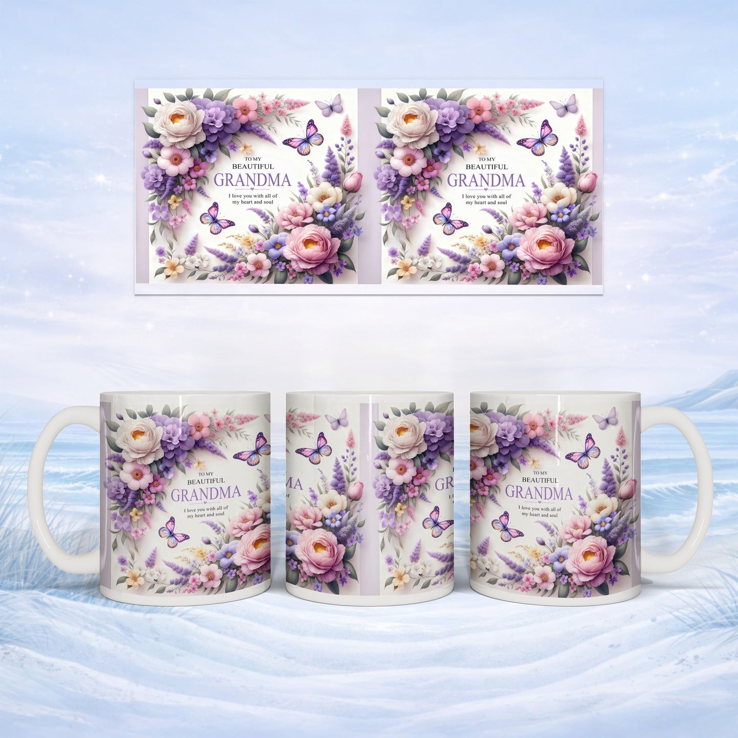 Floral mug with "To My Beautiful Grandma" message, shown from multiple angles.