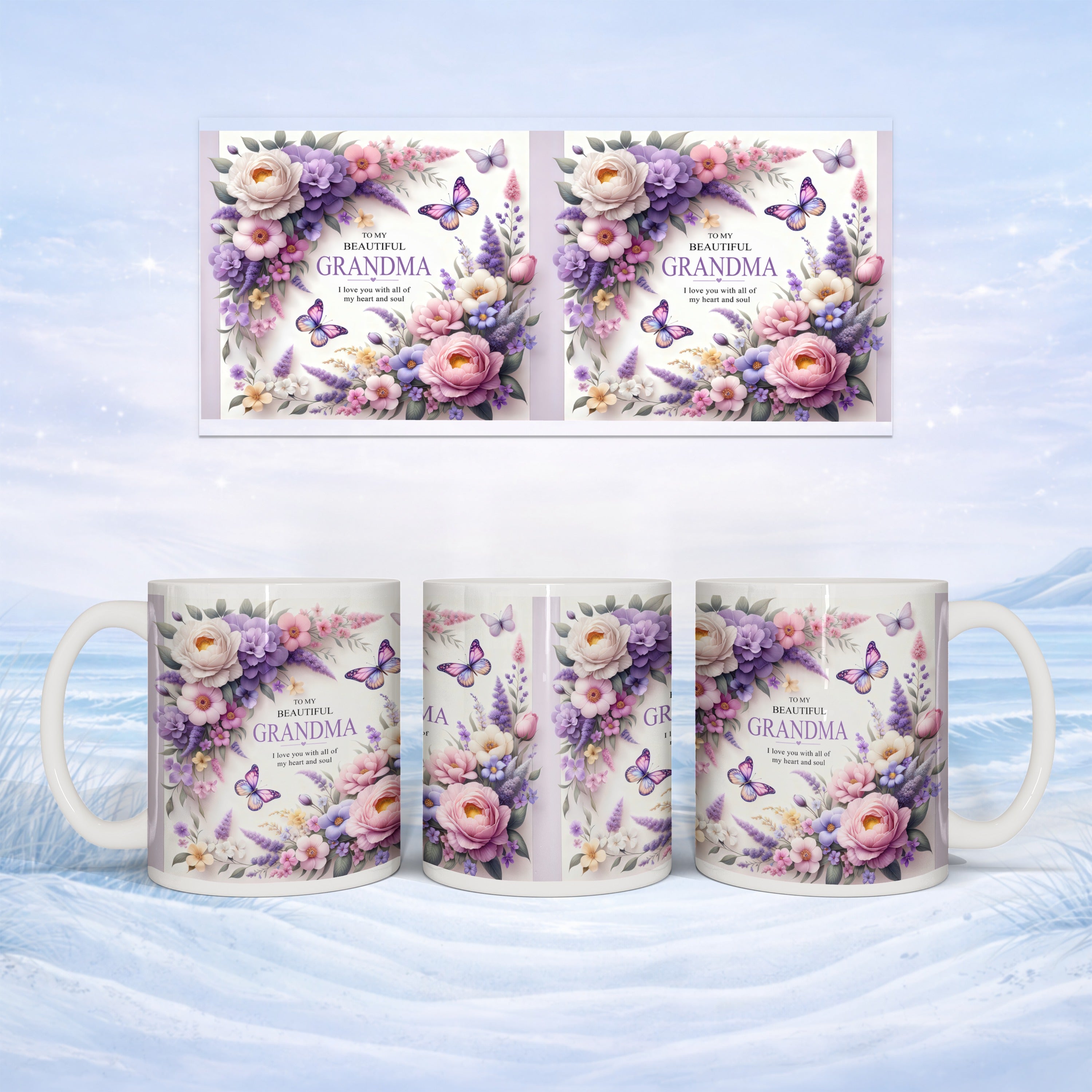 Floral mug with "To My Beautiful Grandma" message, shown from multiple angles.