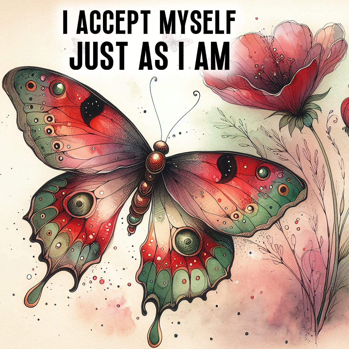 Butterfly with "I ACCEPT MYSELF JUST AS I AM" text against a floral watercolor background.