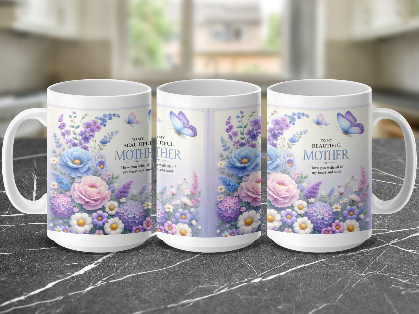 Mug with "To My Beautiful Mother" and floral design.