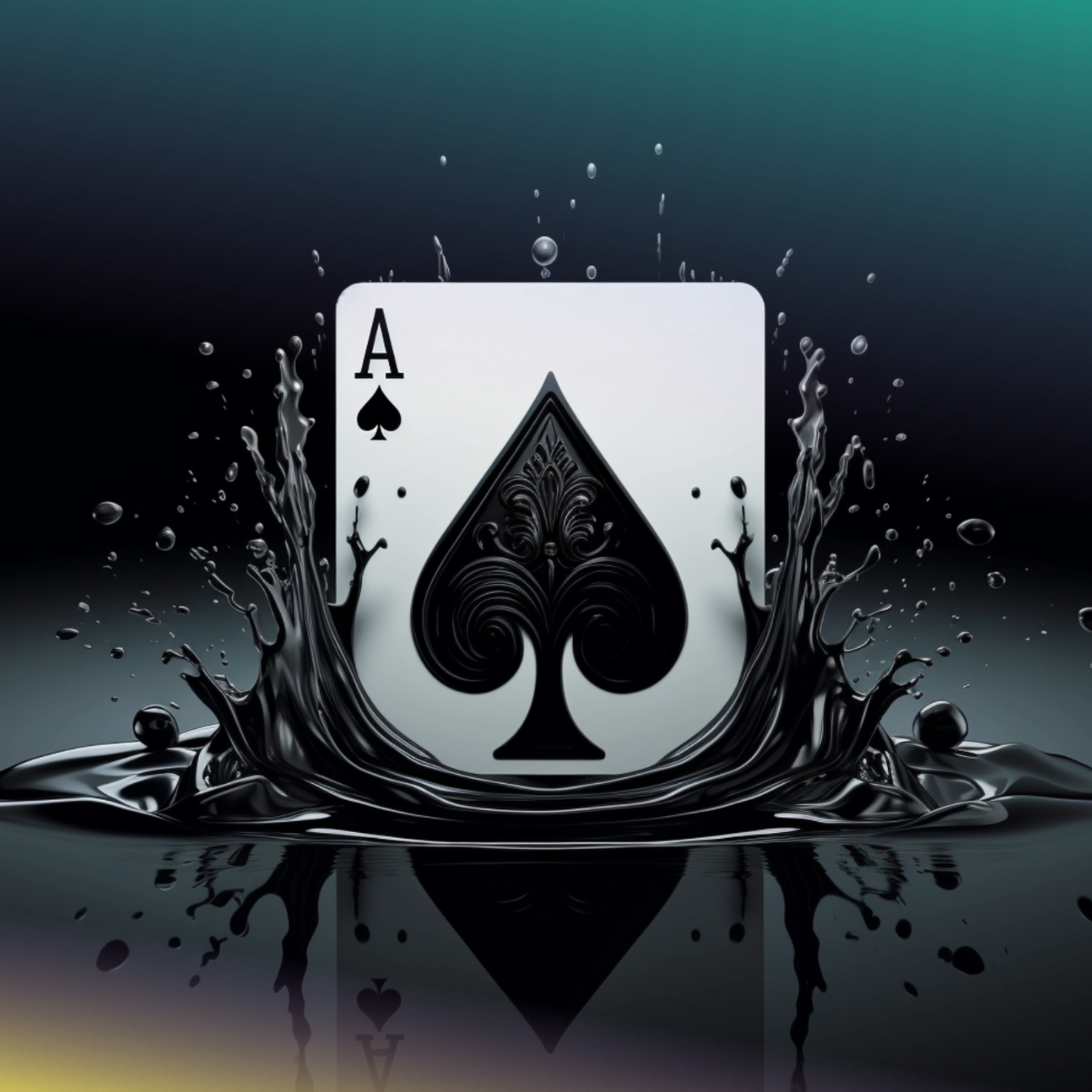 Ace of Spades playing card emerging from black liquid splash.