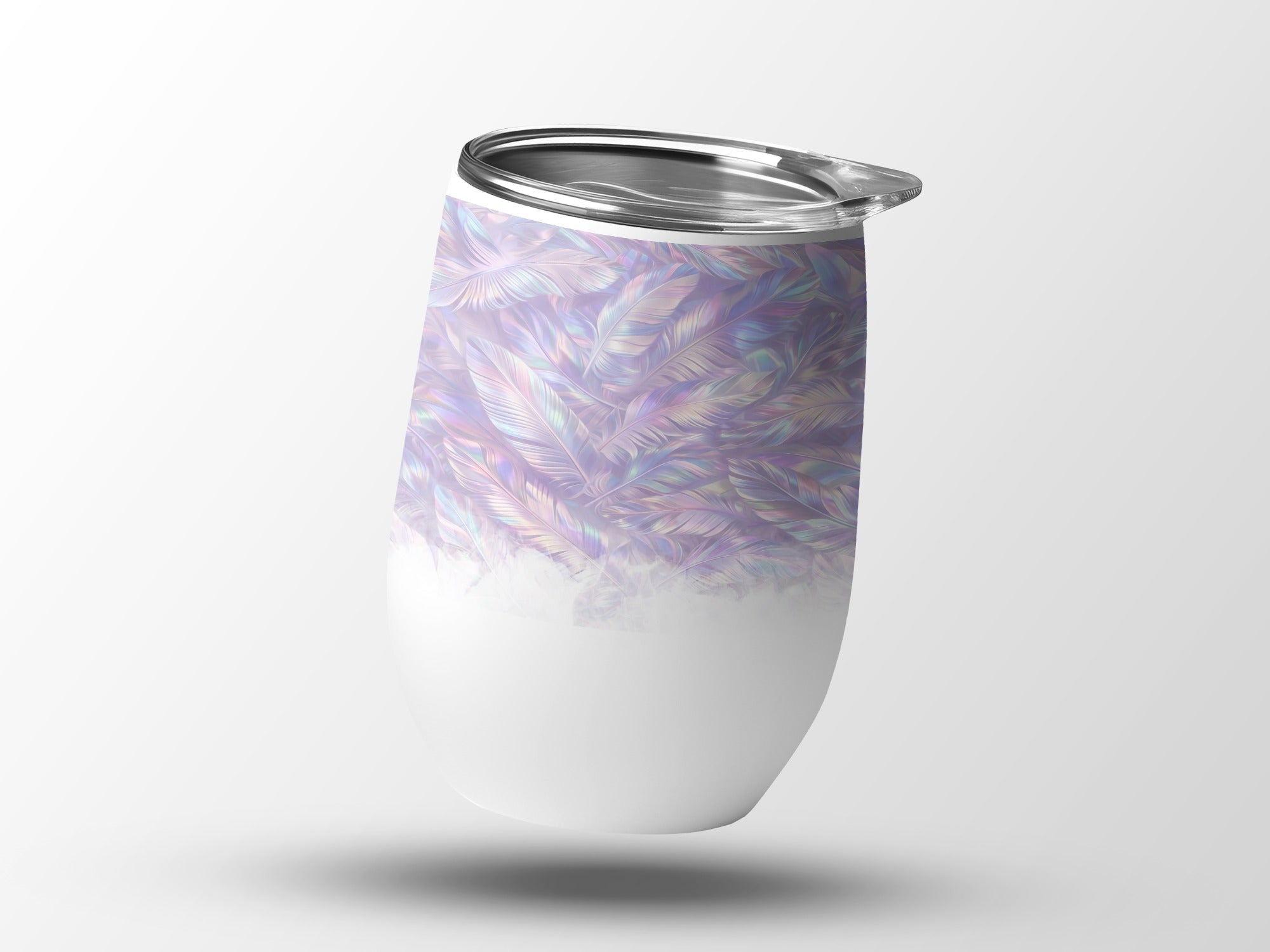 White tumbler with pastel iridescent feather pattern.