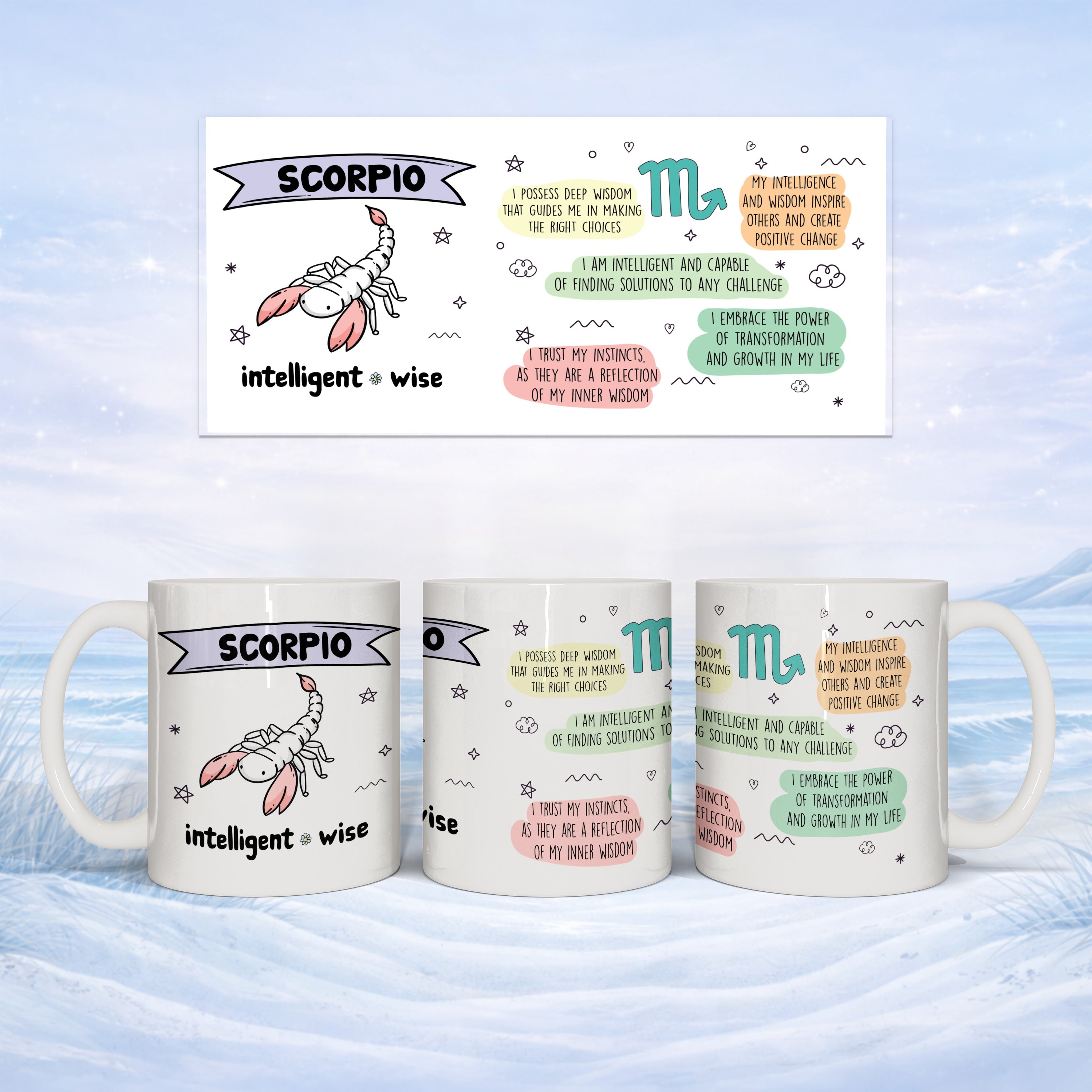 Three white ceramic mugs with Scorpio zodiac design and empowering text.