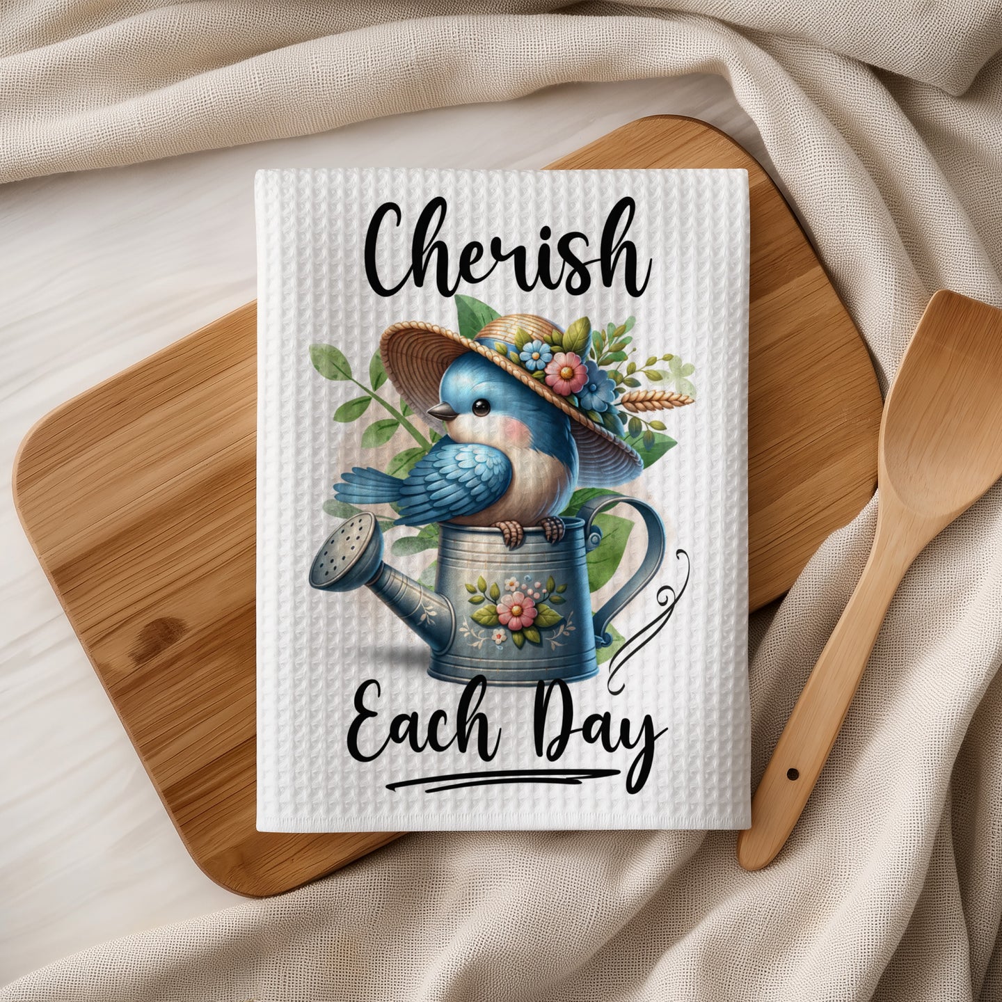 Blue bird in a hat on a watering can, "Cherish Each Day" text.